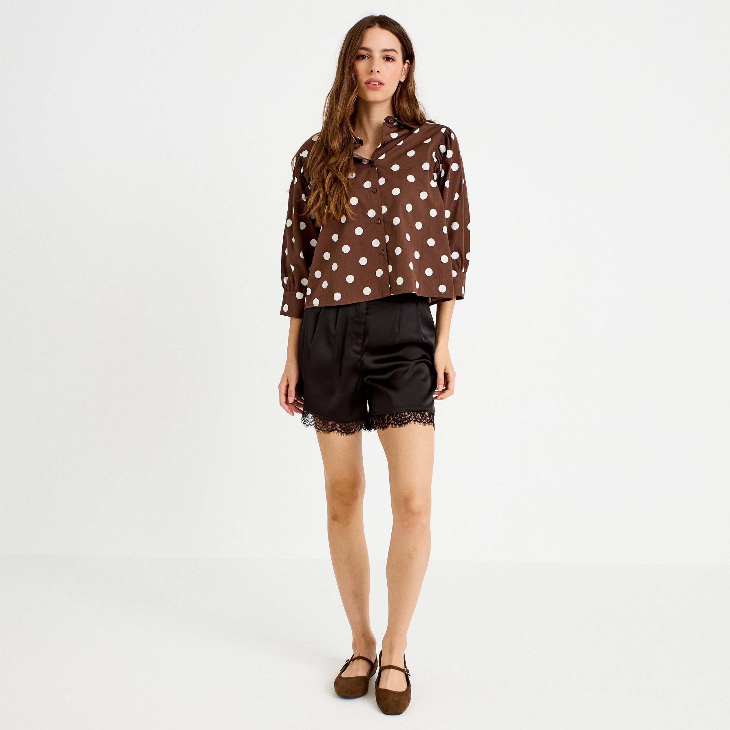 Chemise droite manches longues marron femme
