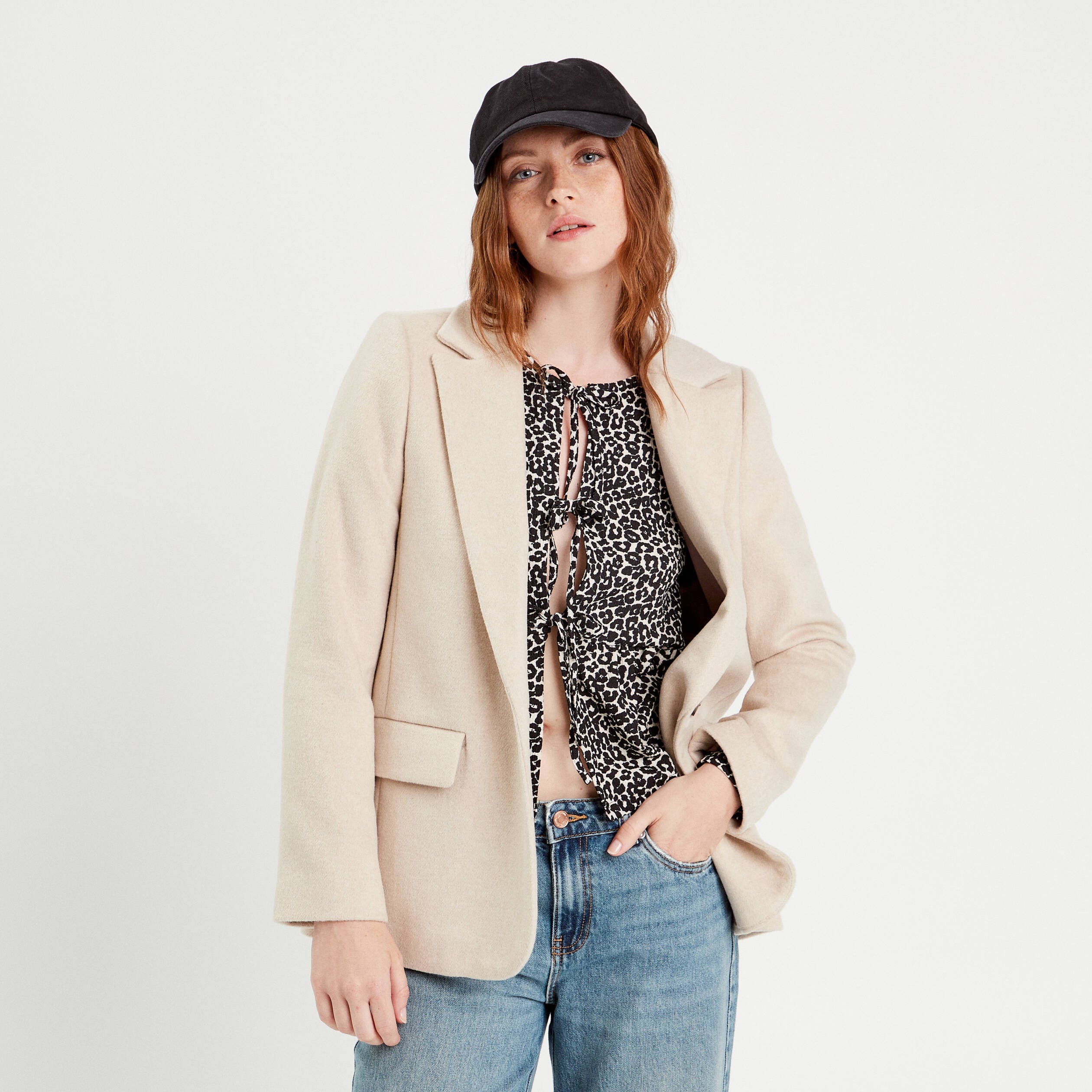 Veste blazer boutonn&eacute;e beige femme