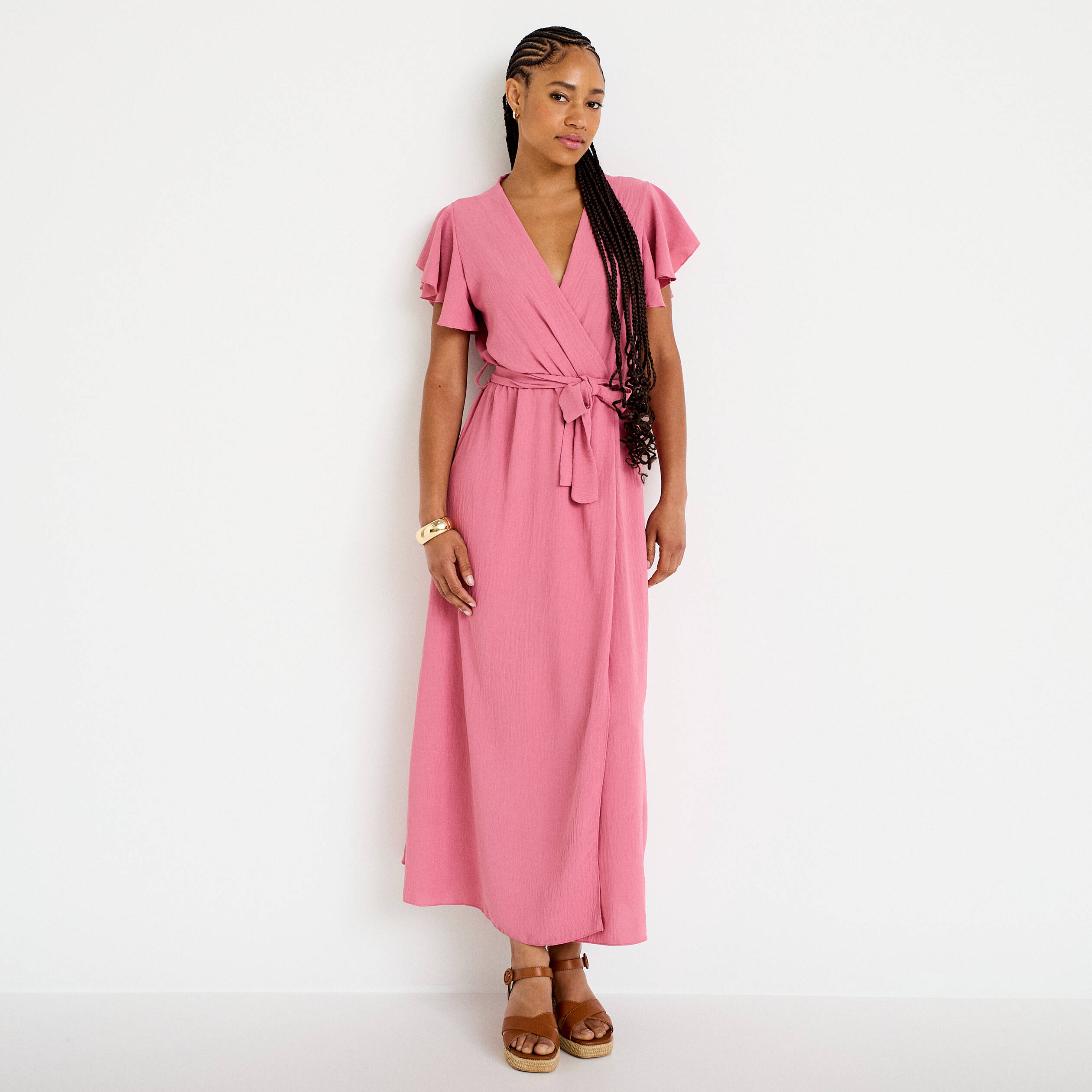 Robe longue &eacute;vas&eacute;e manches courtes vieux rose femme