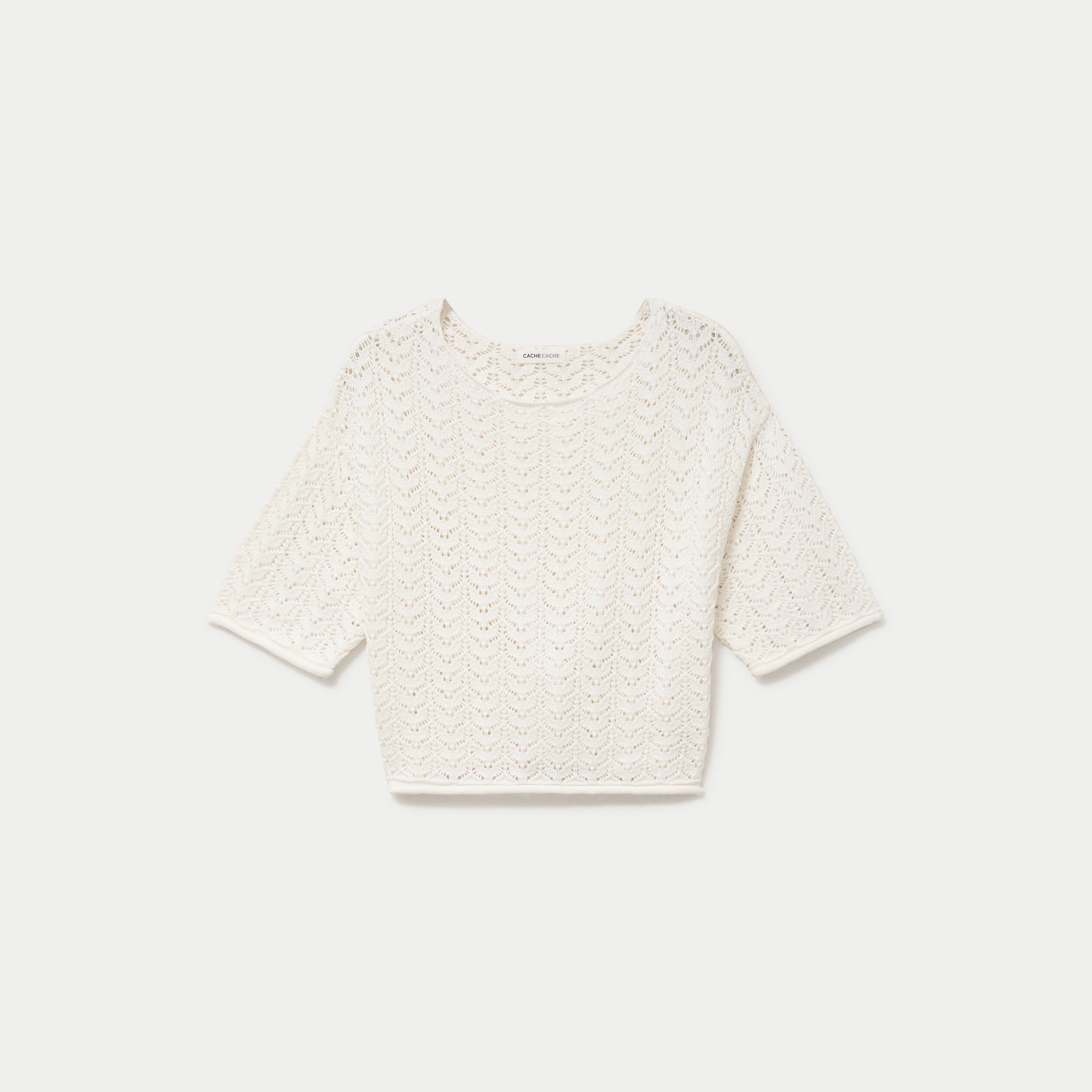 Pull ajour&eacute; aspect dentelle col rond ecru femme