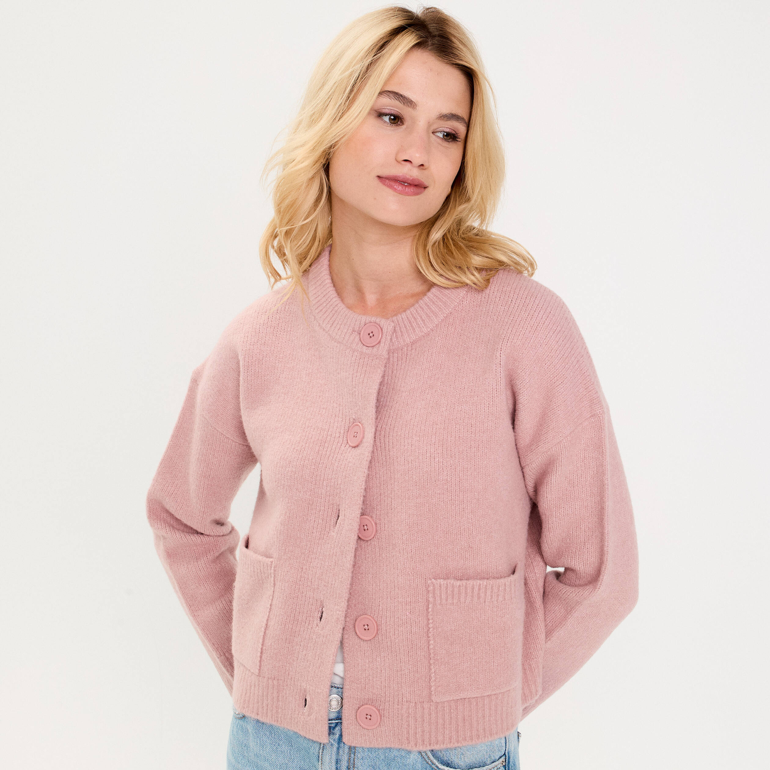 Gilet bouclette col rond manches longues rose poudr&eacute;e femme