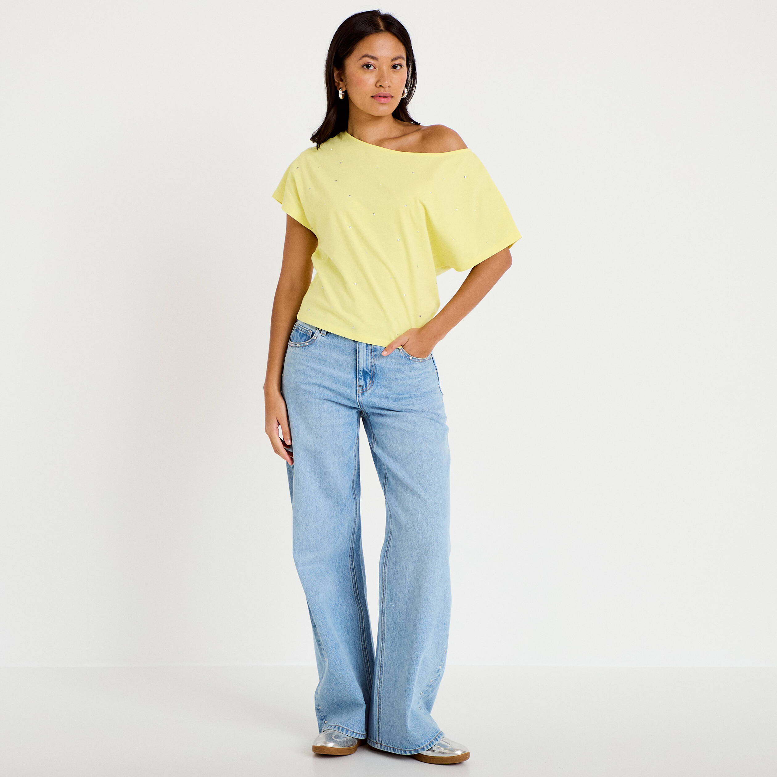 T-shirt col bateau manches courtes jaune citron femme