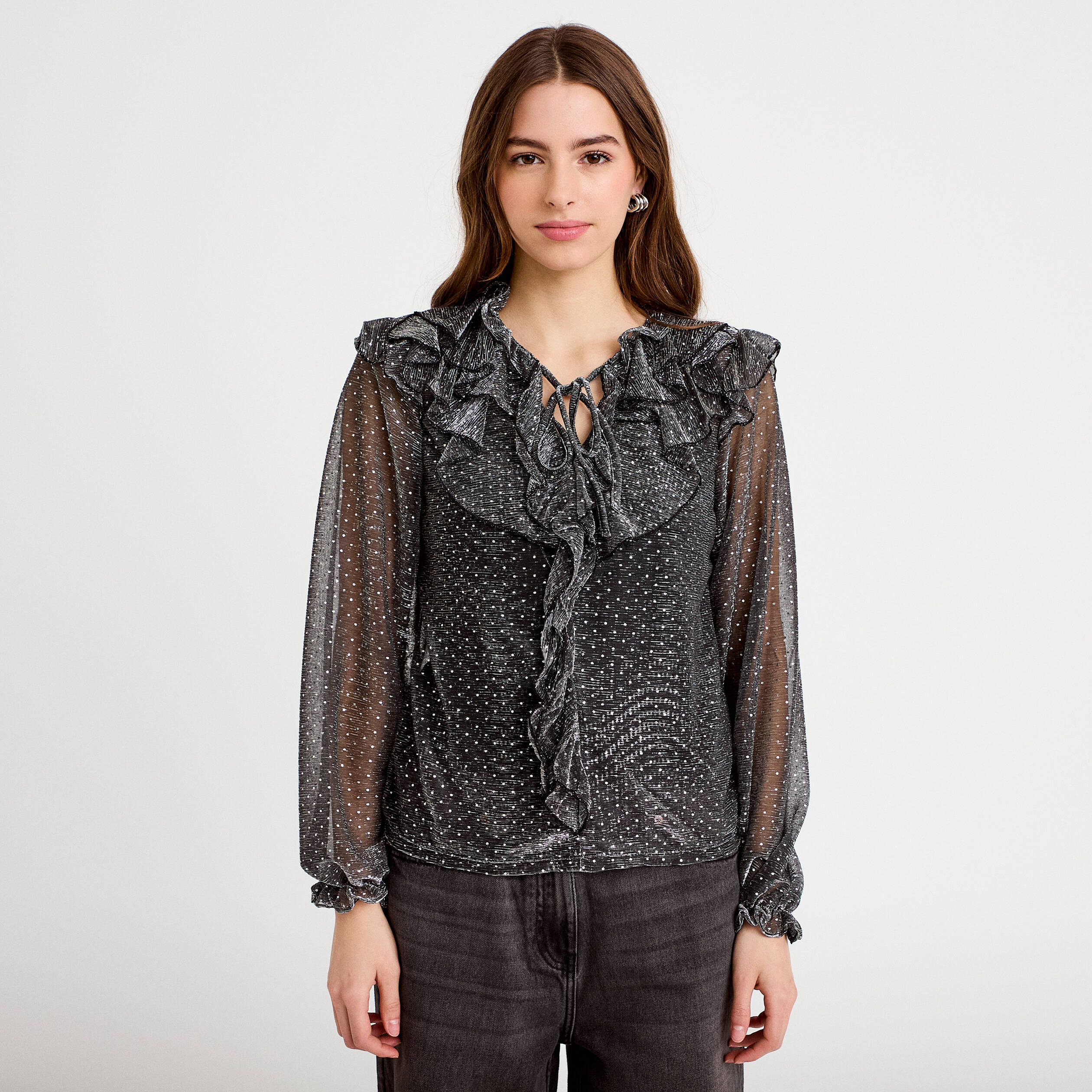 Blouse voile transparent paillet&eacute; gris argent femme