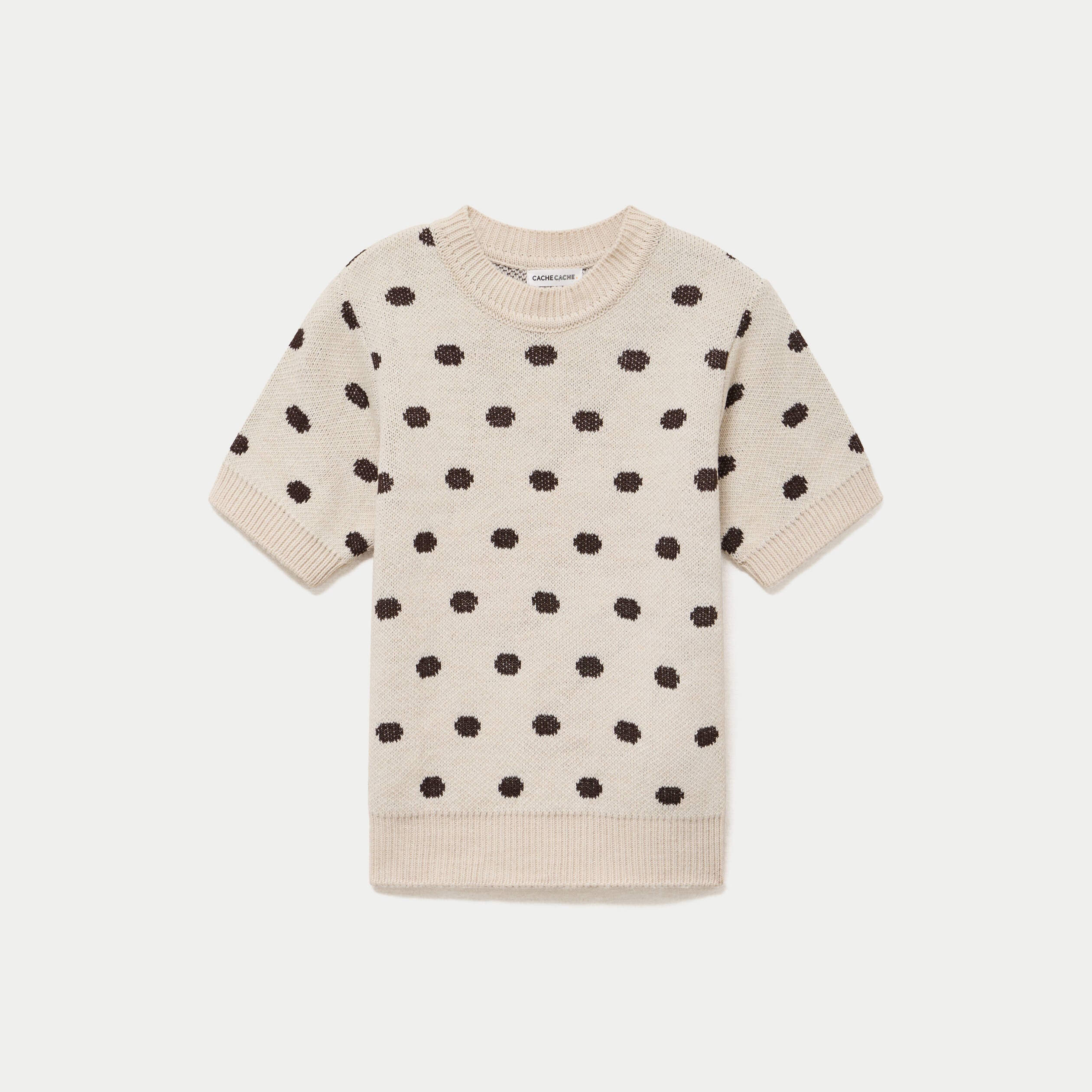 Pull cintr&eacute; col rond manches courtes ecru femme