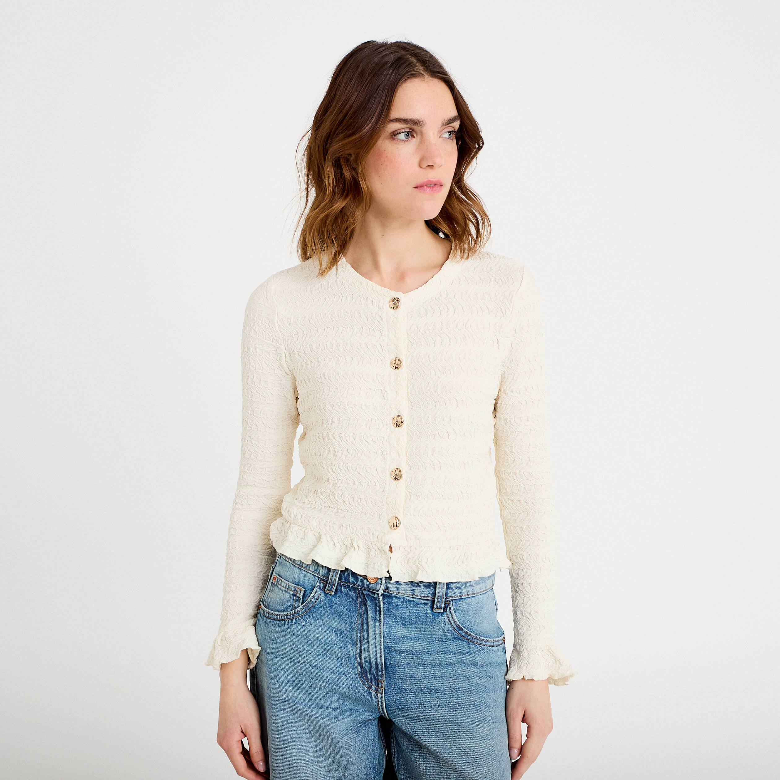 Gilet col rond manches longues ecru femme