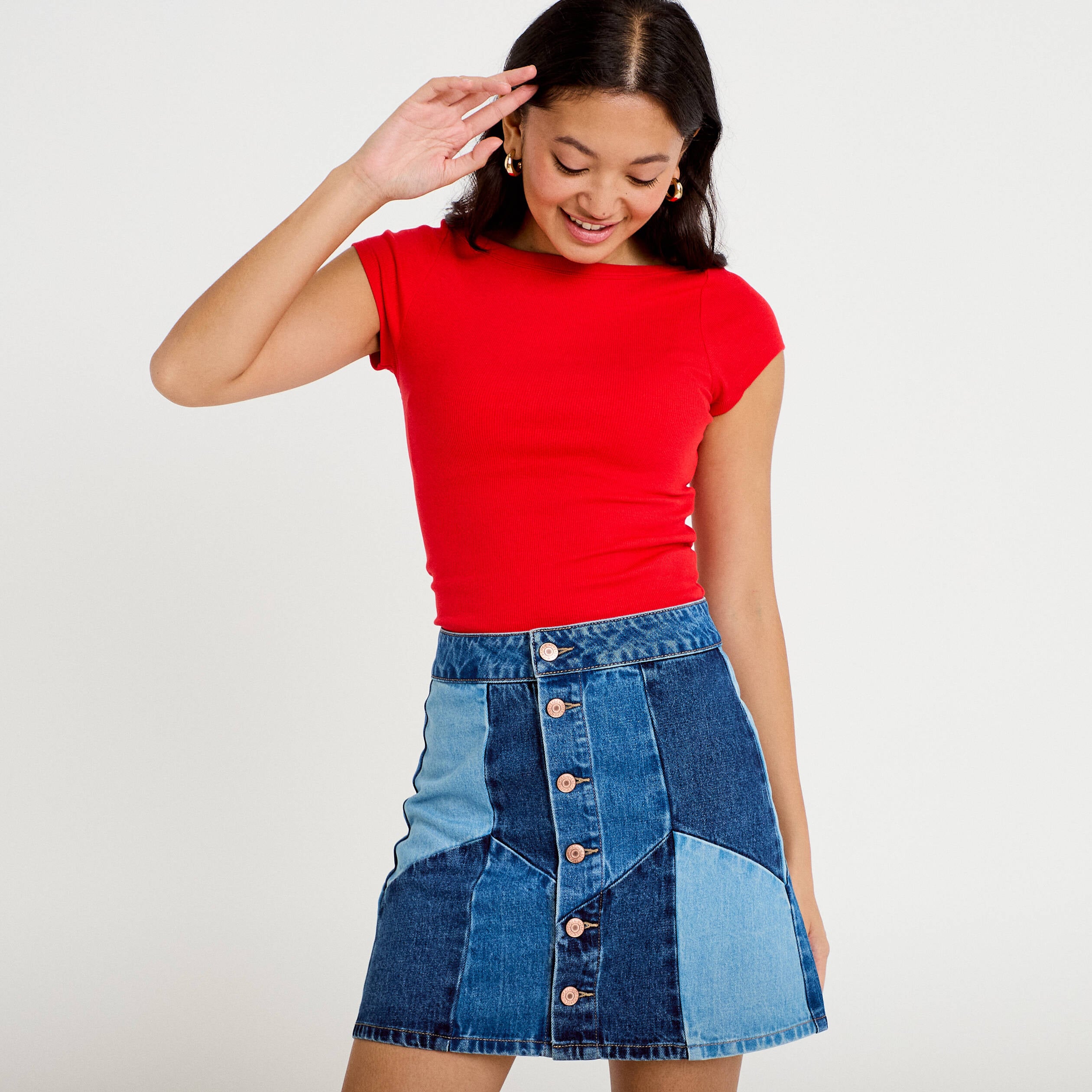 Jupe courte &eacute;vas&eacute;e taille haute en jean denim double stone femme