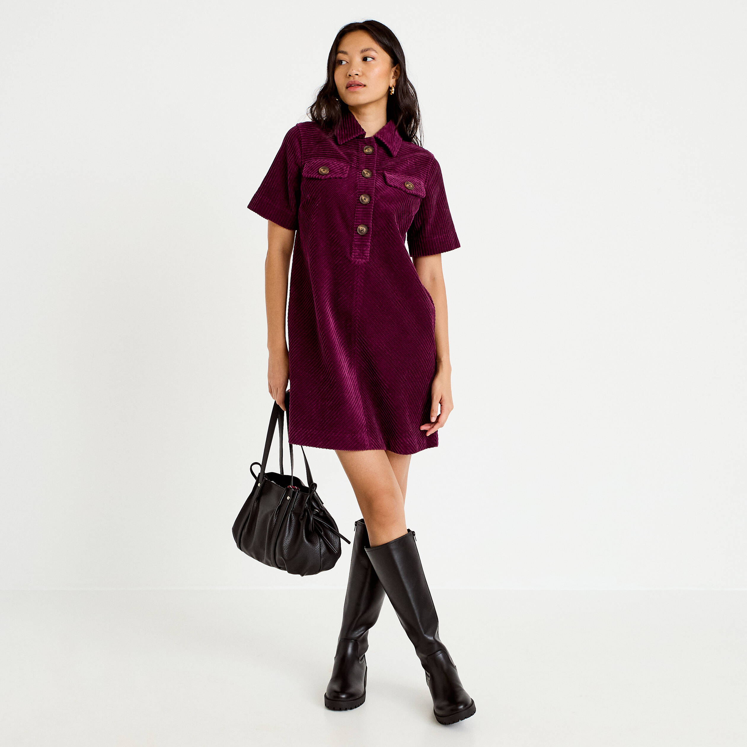 Robe courte droite en velours coton prune femme
