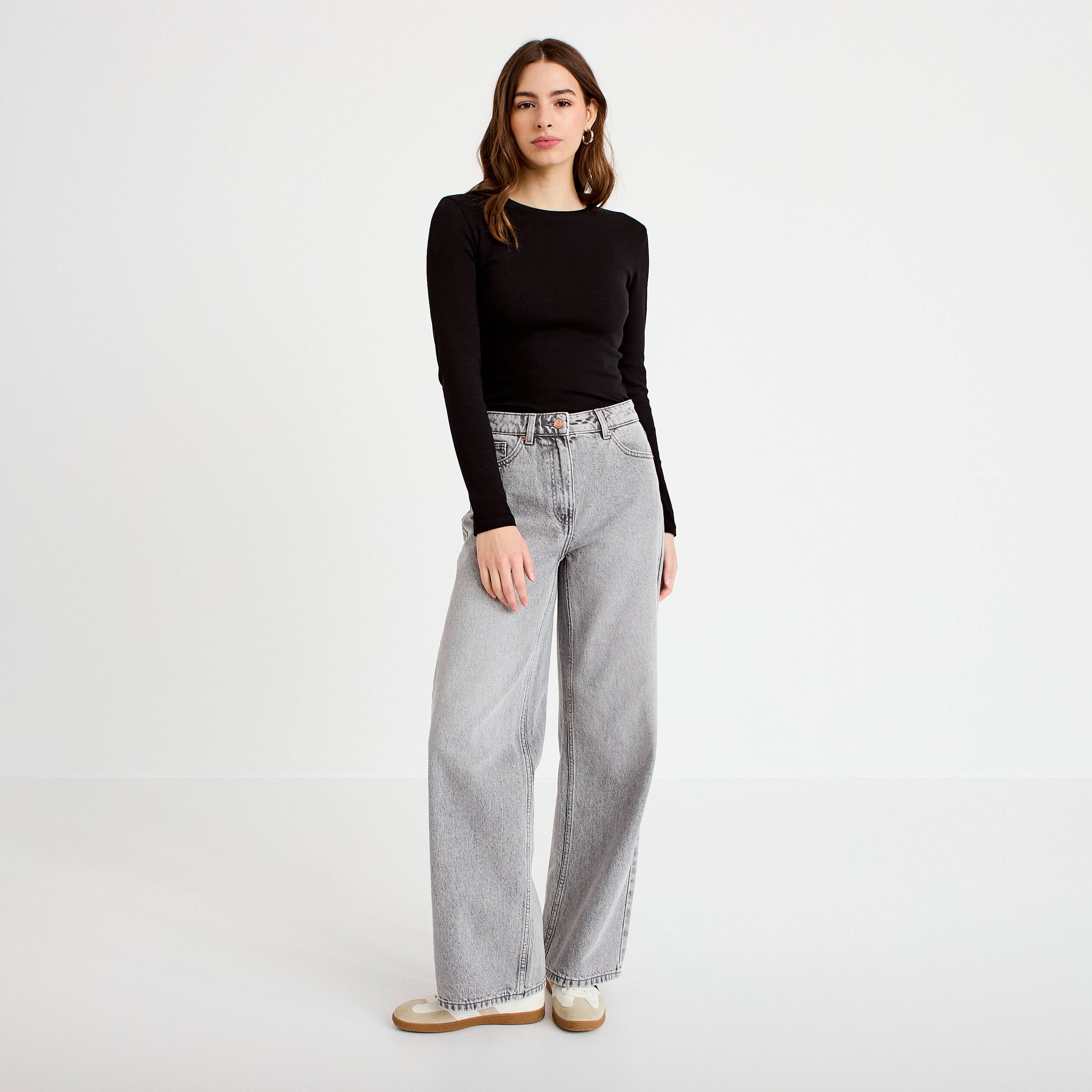 Jeans wide leg taille haute denim gris femme