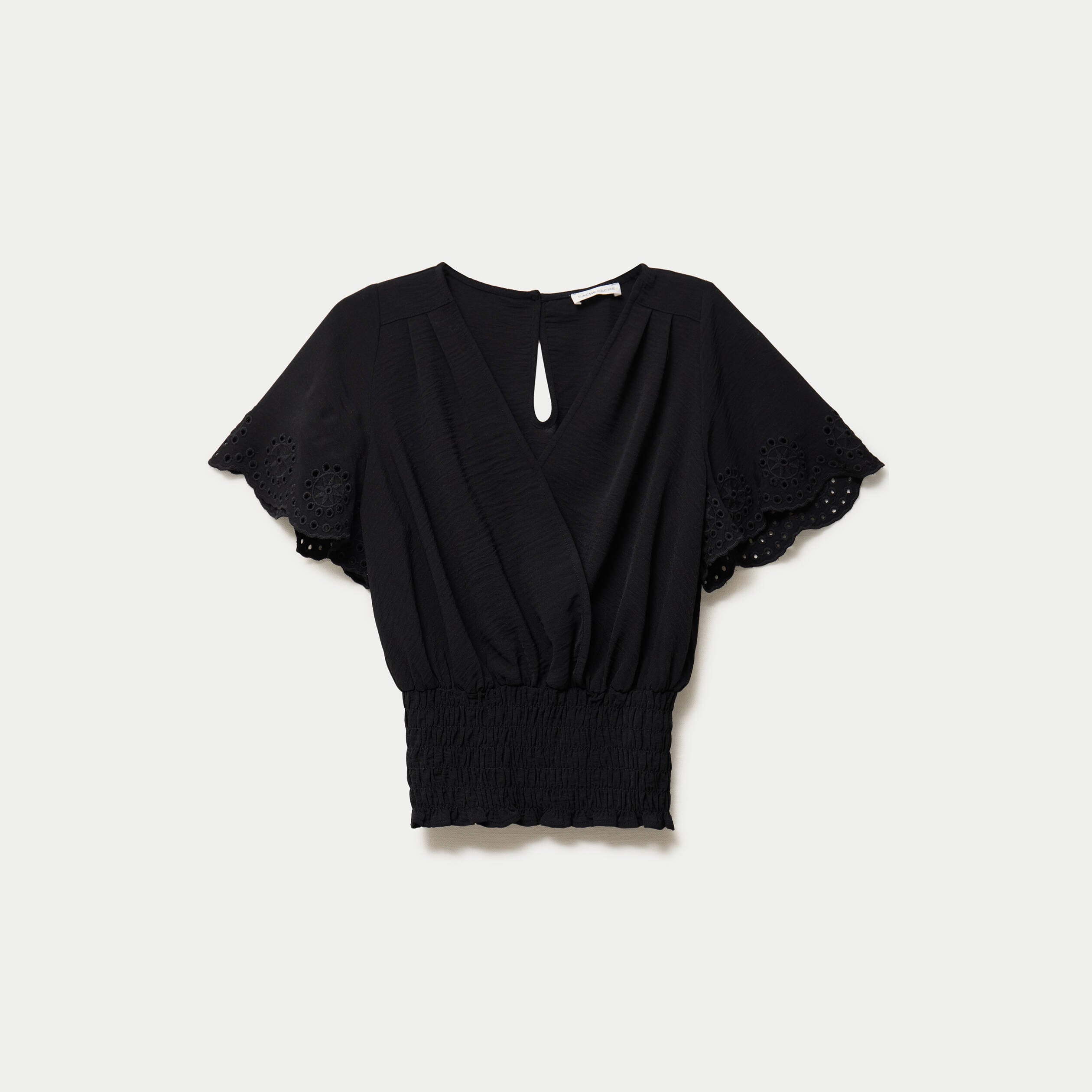 Blouse cintr&eacute;e cropped manches courtes noir femme
