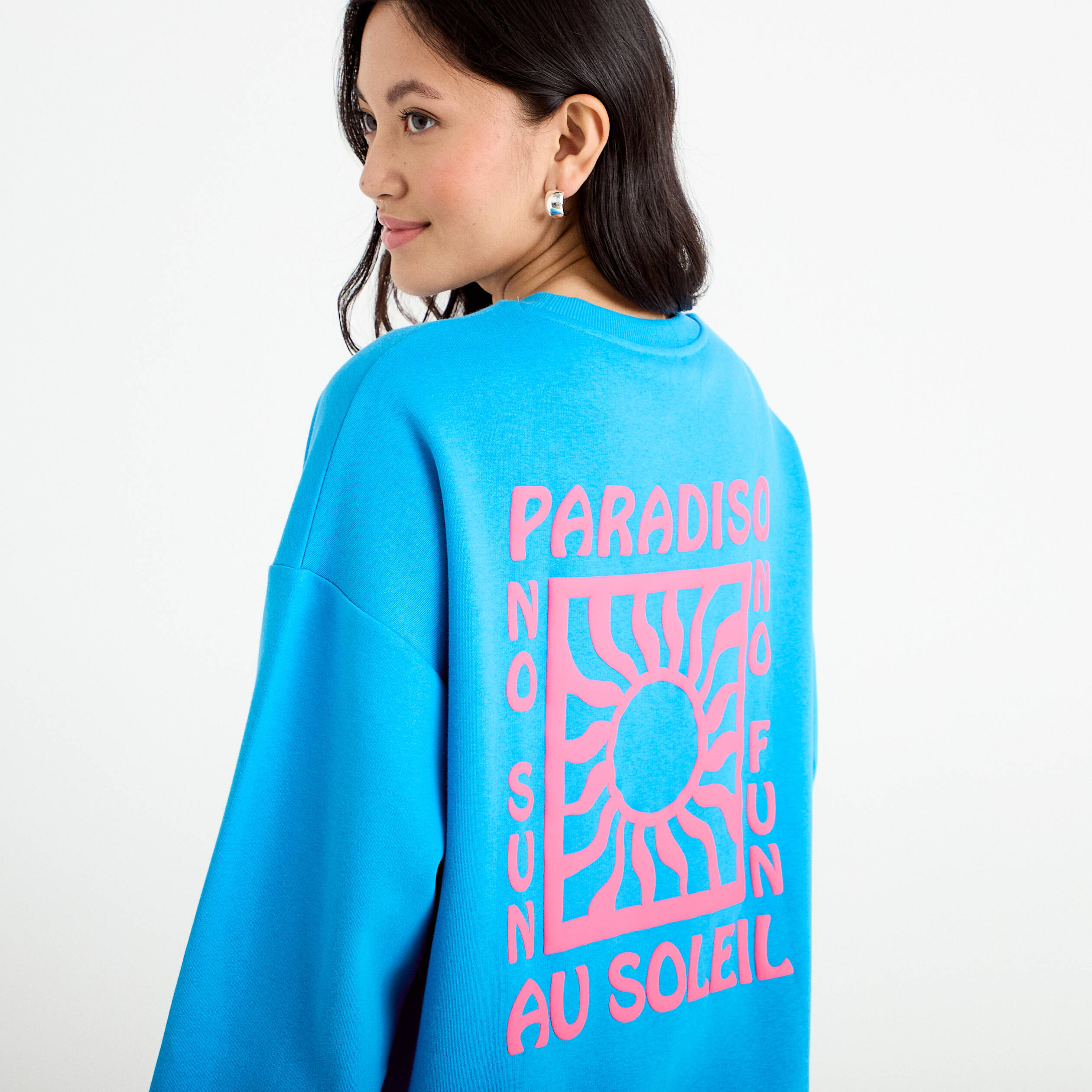 Sweat oversize col rond manches longues bleu electrique femme