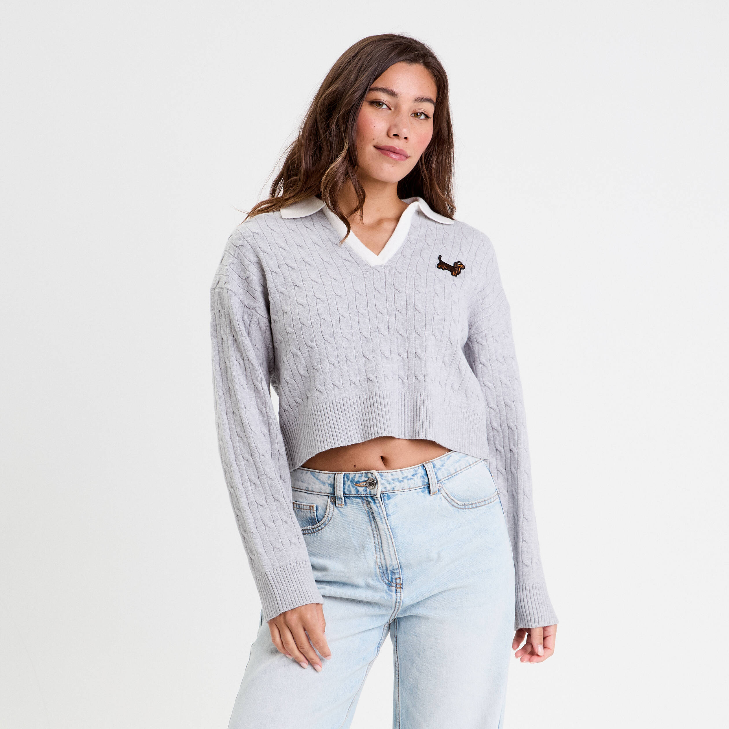 Pull manches longues col polo gris clair femme