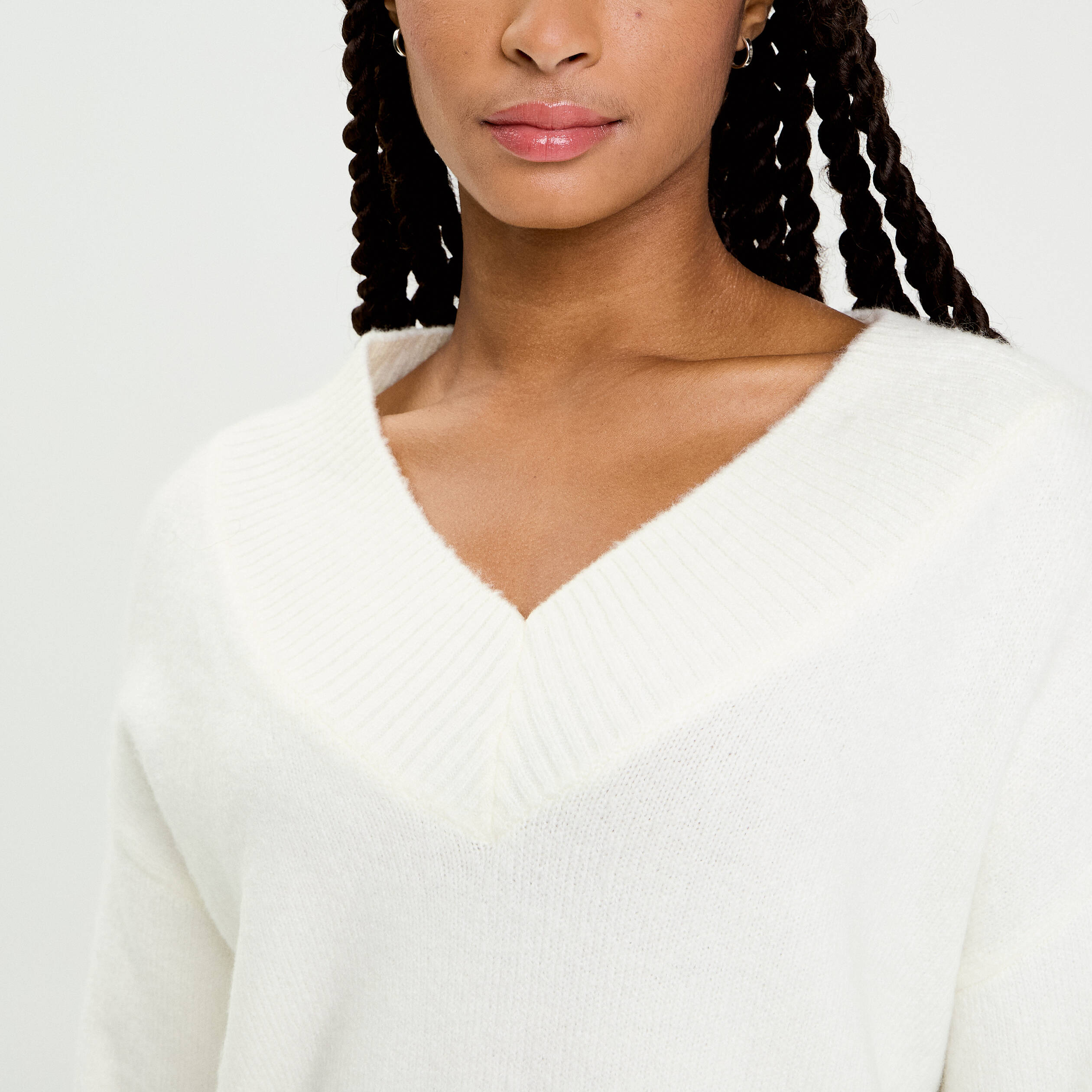 Pull oversize col v manches longues ecru femme