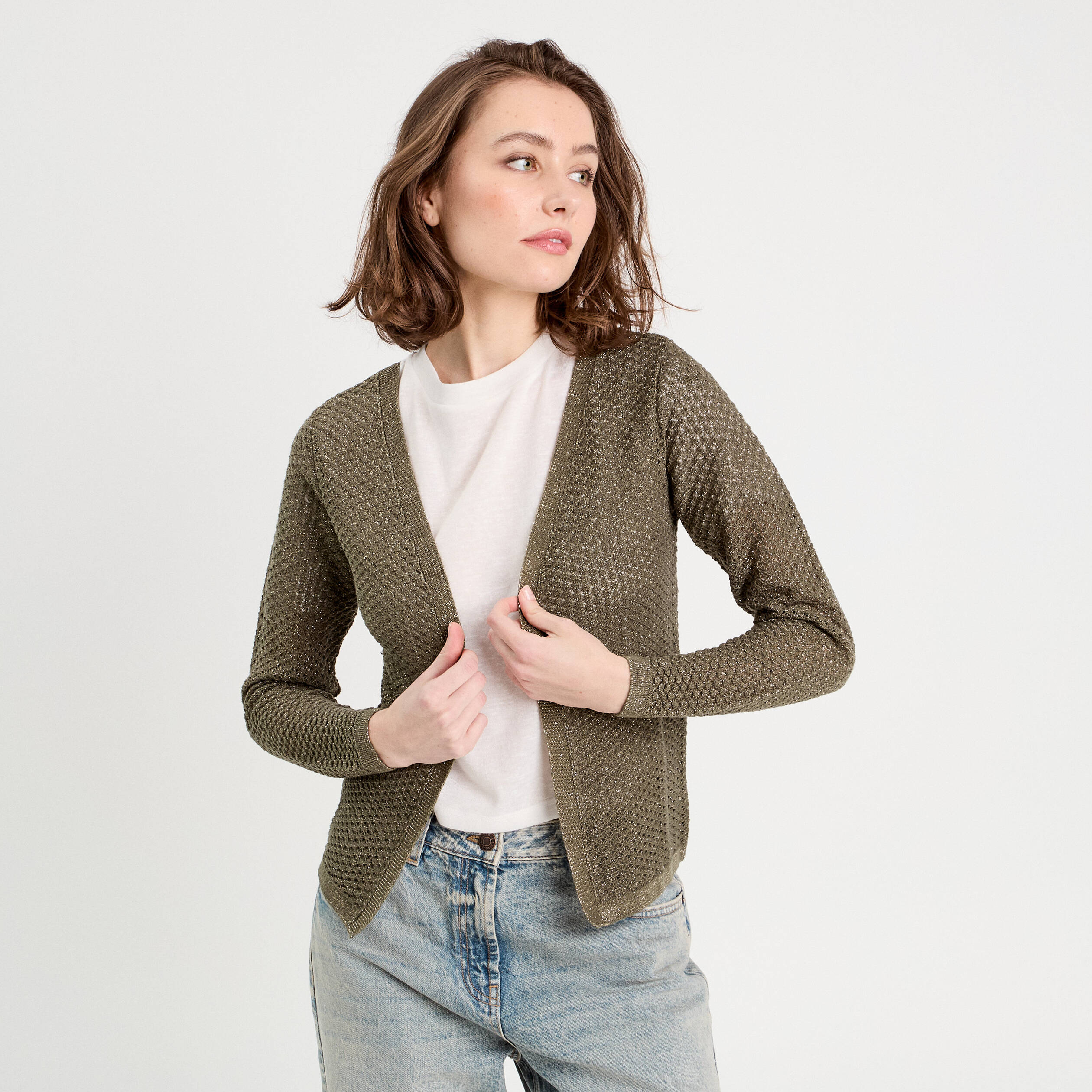 Gilet manches longues ajour&eacute; vert kaki femme
