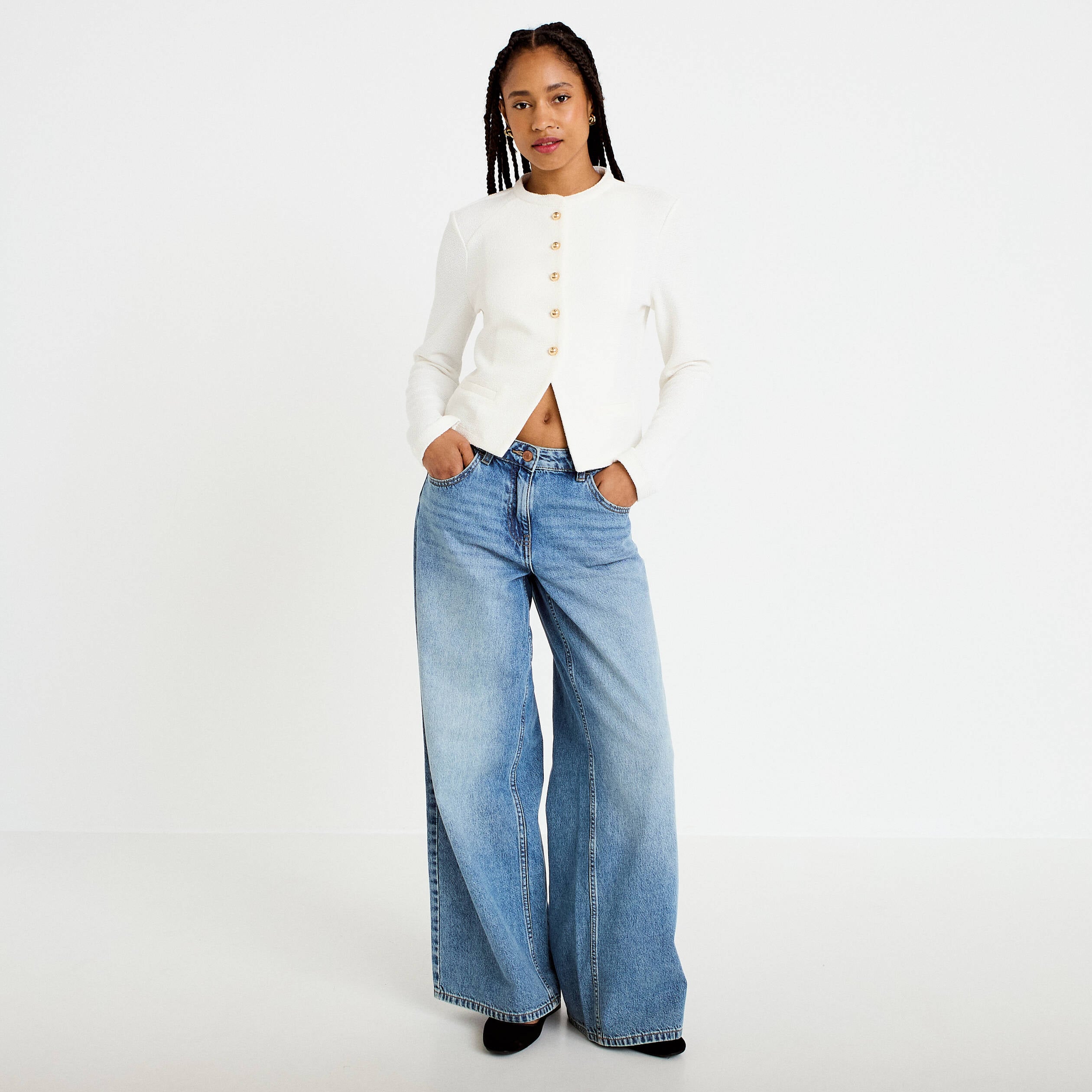 Veste tweed droite cropped col rond ecru femme