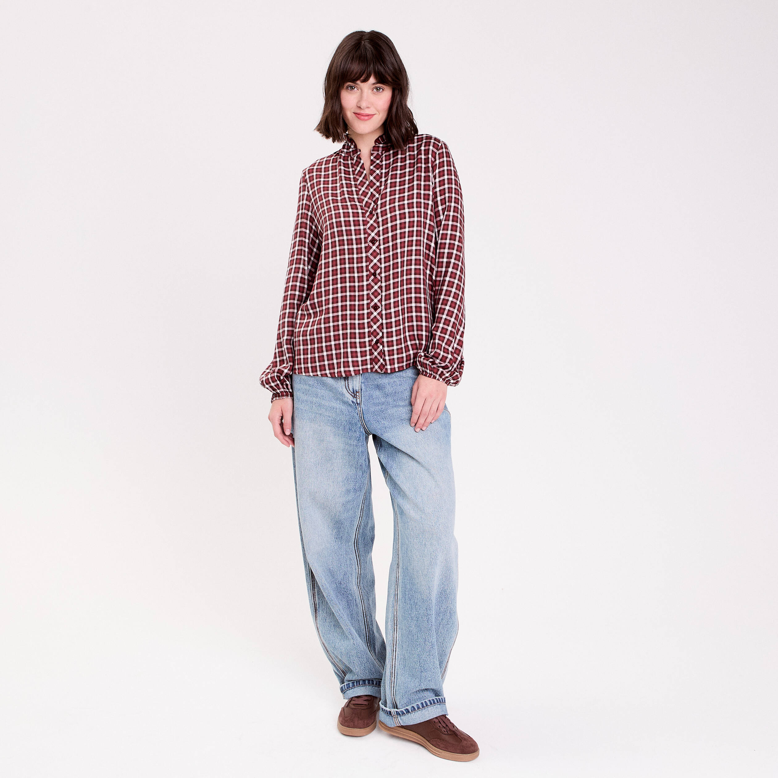 Blouse col montant manches longues bordeaux femme
