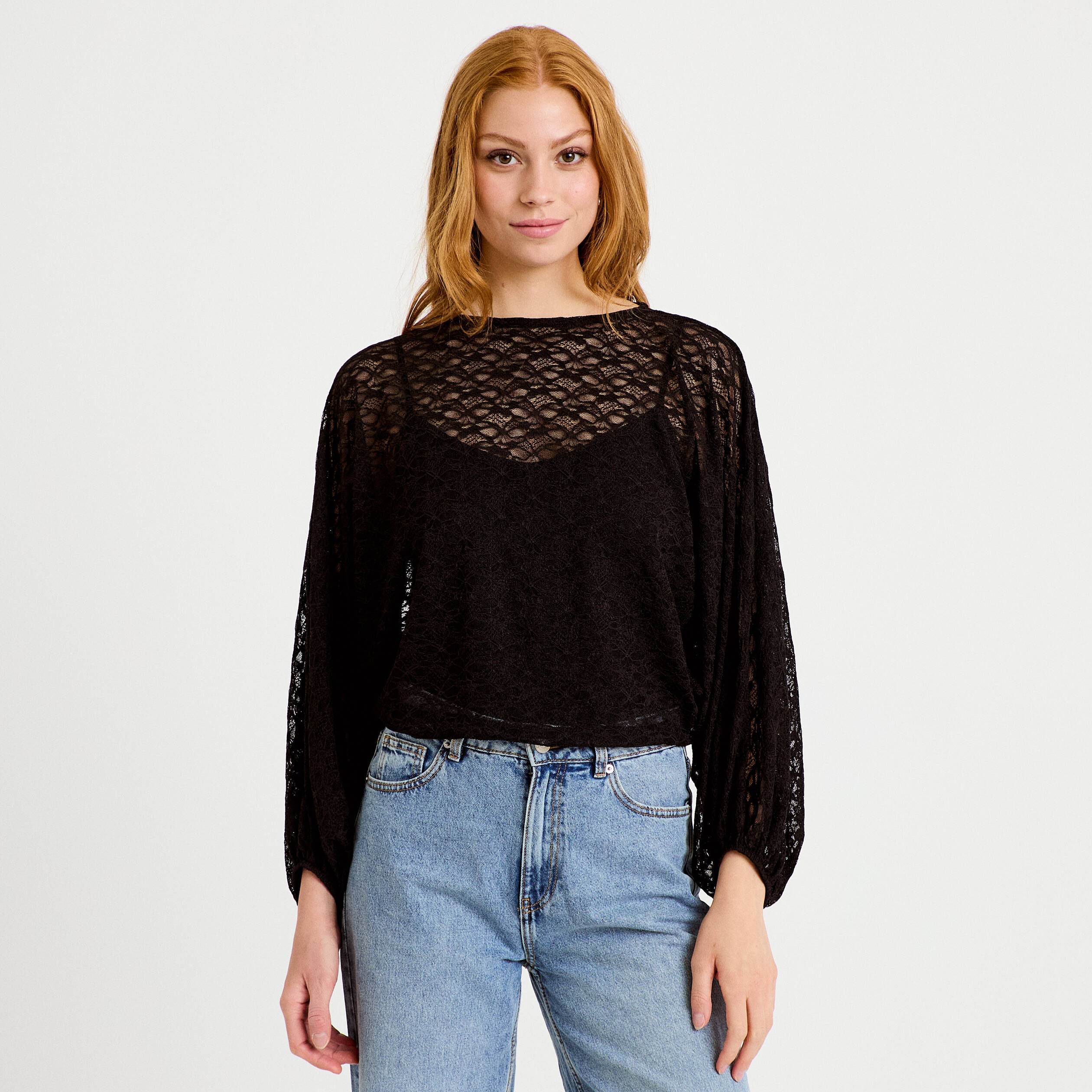 Blouse dentelle col rond manches longues noir femme