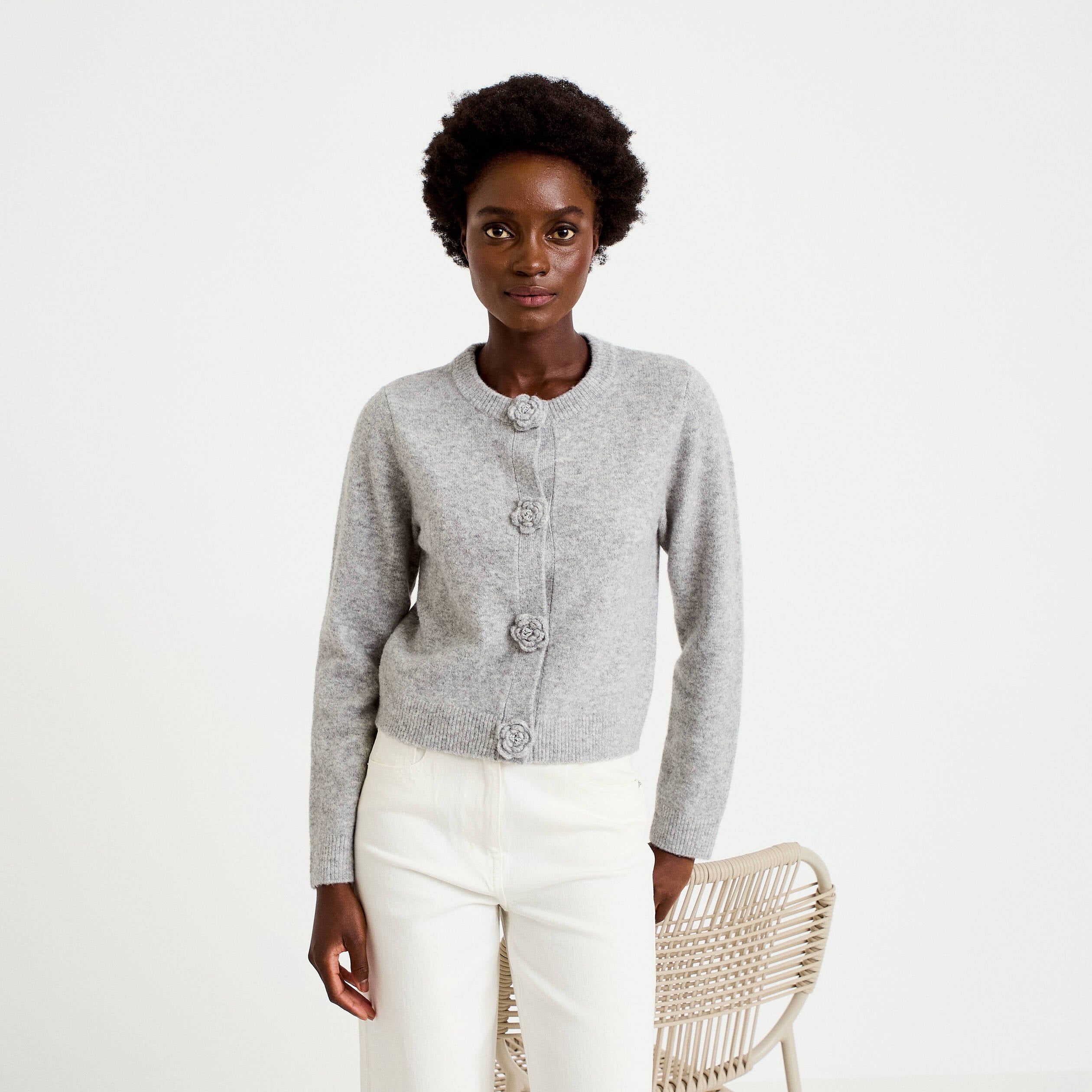 Gilet manches longues col rond gris clair femme