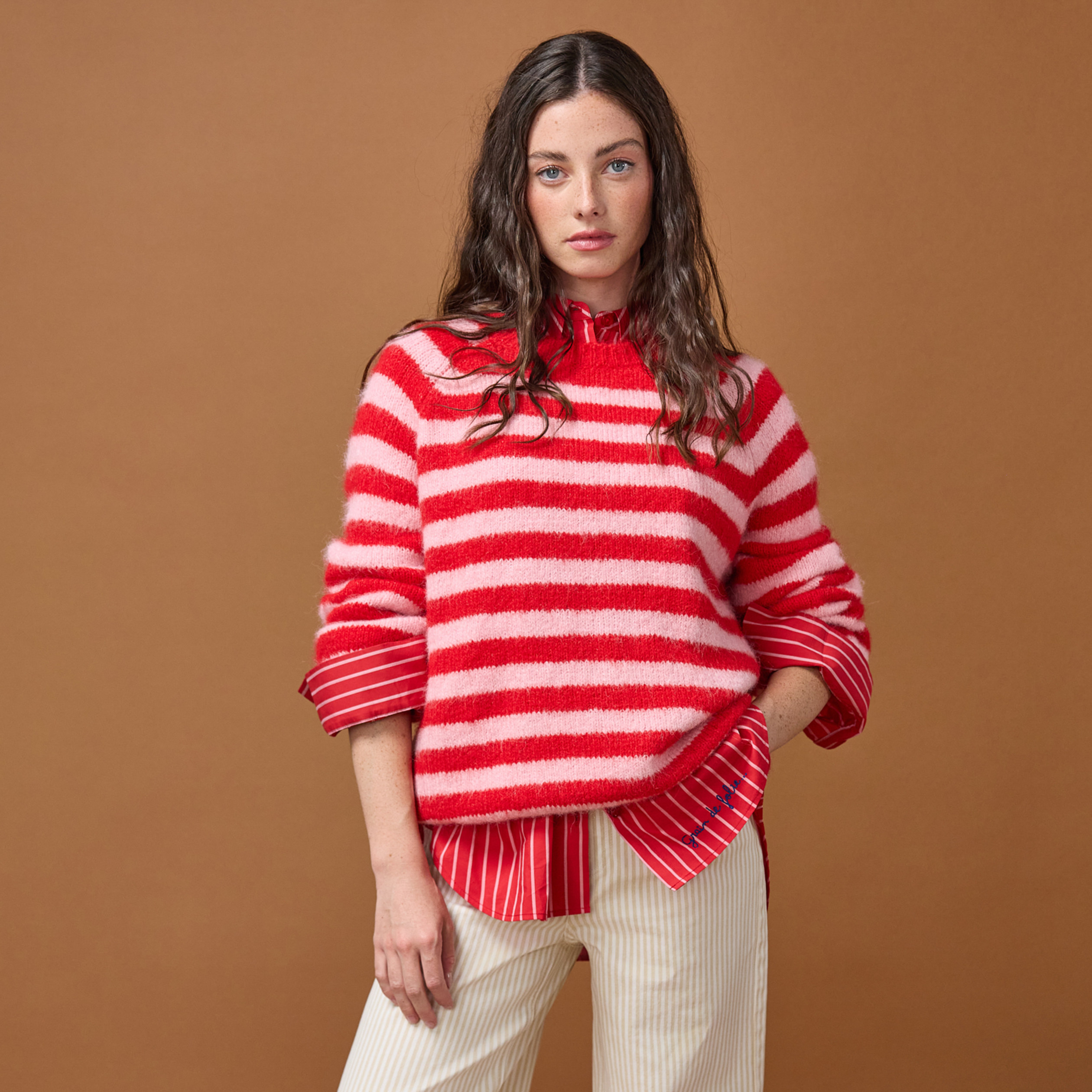 Pull ample col rond manches longues rouge femme