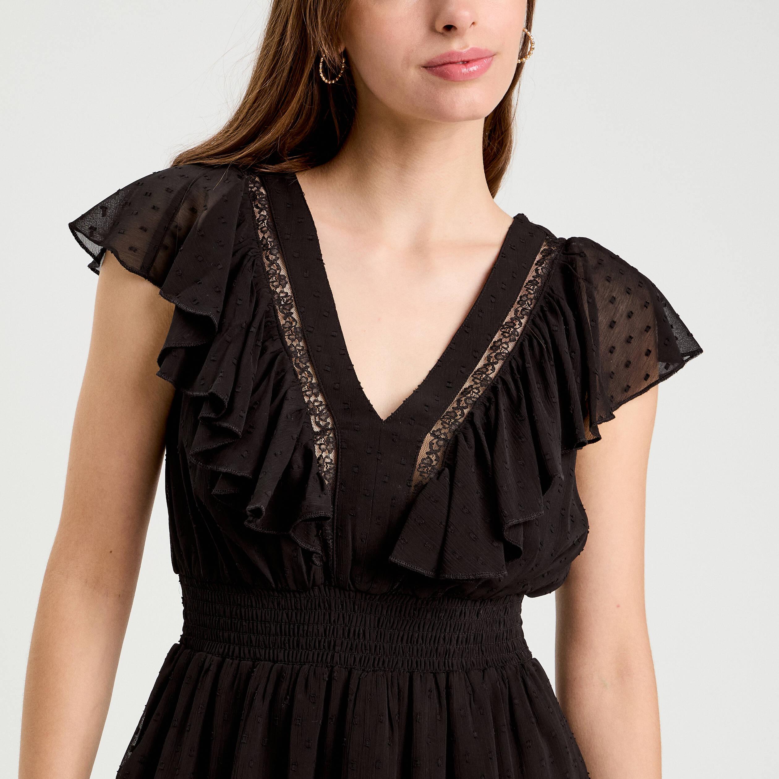 Robe &eacute;vas&eacute;e plumetis noir femme