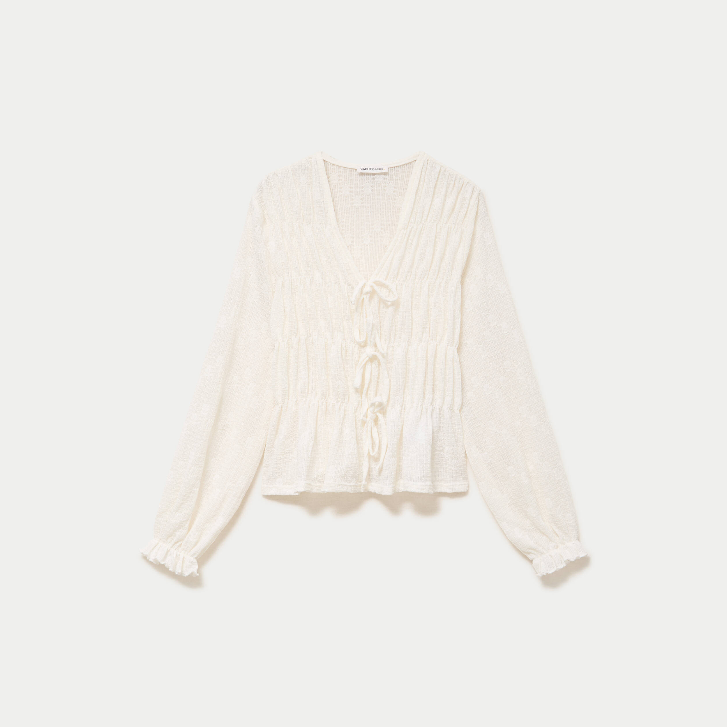 Blouse ajust&eacute;e col v dentelle pliss&eacute;e ecru femme