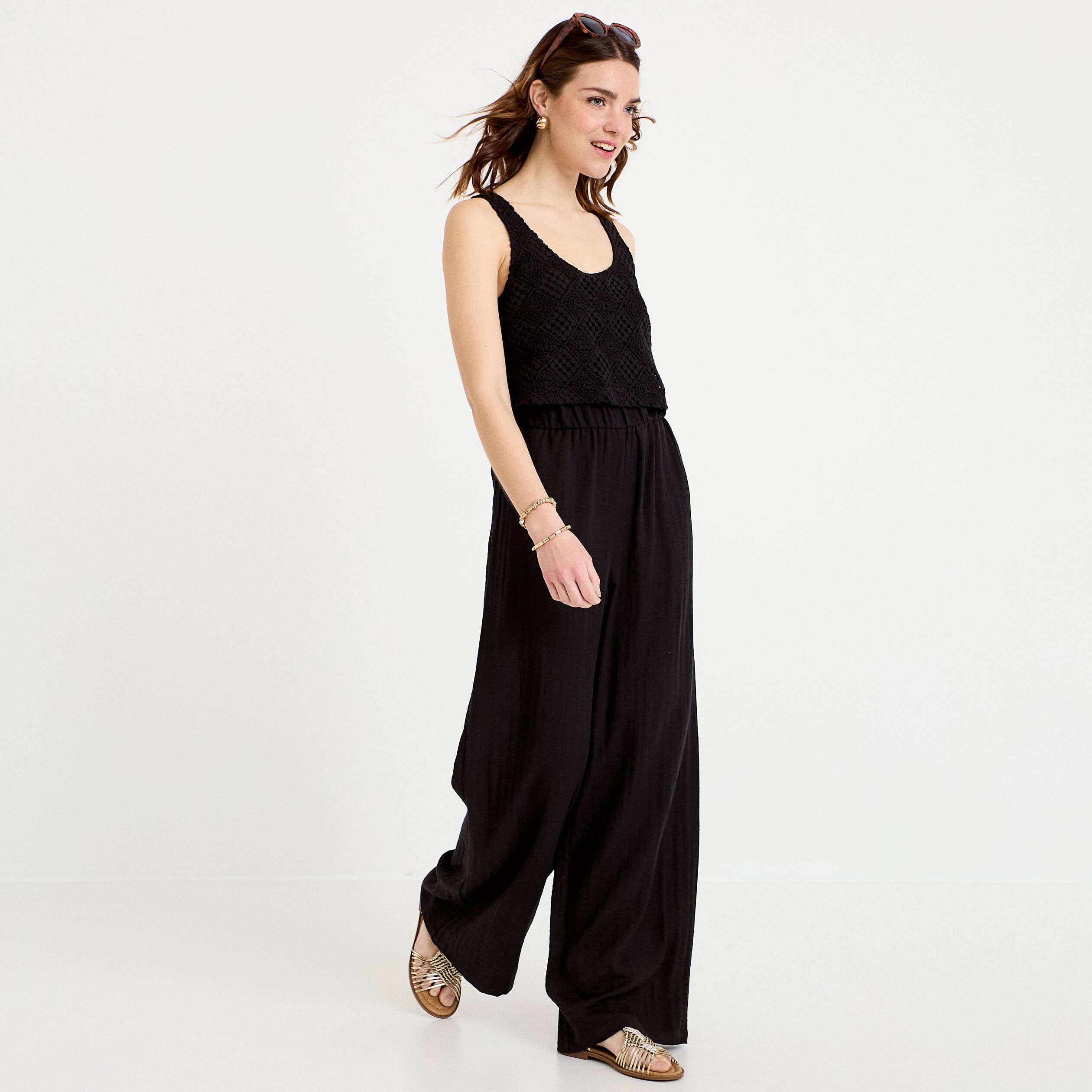 Combinaison bi-mati&egrave;re coupe large noir femme