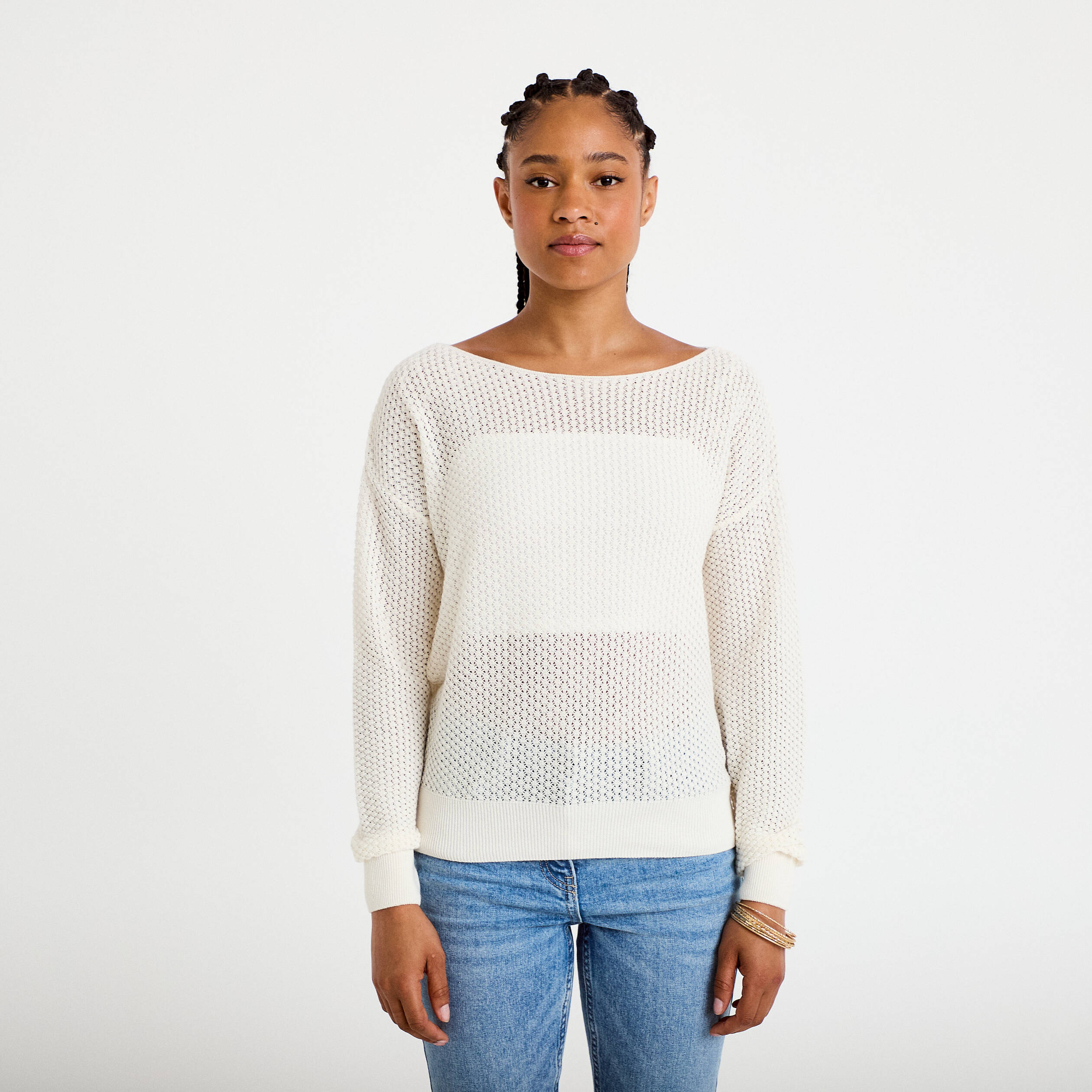 Pull ample ajour&eacute; manches longues ecru femme