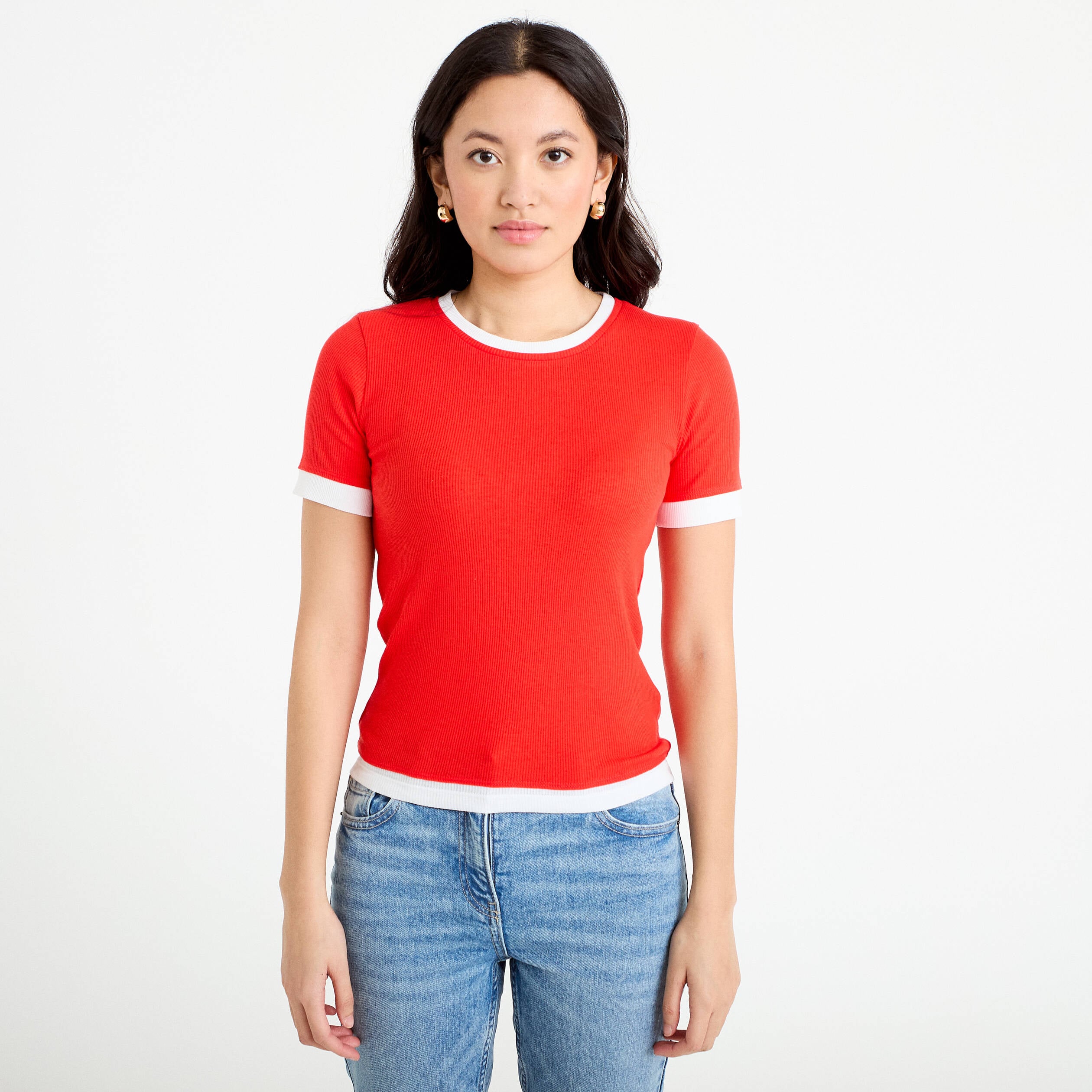 T-shirt ajust&eacute; col rond manches courtes rouge femme