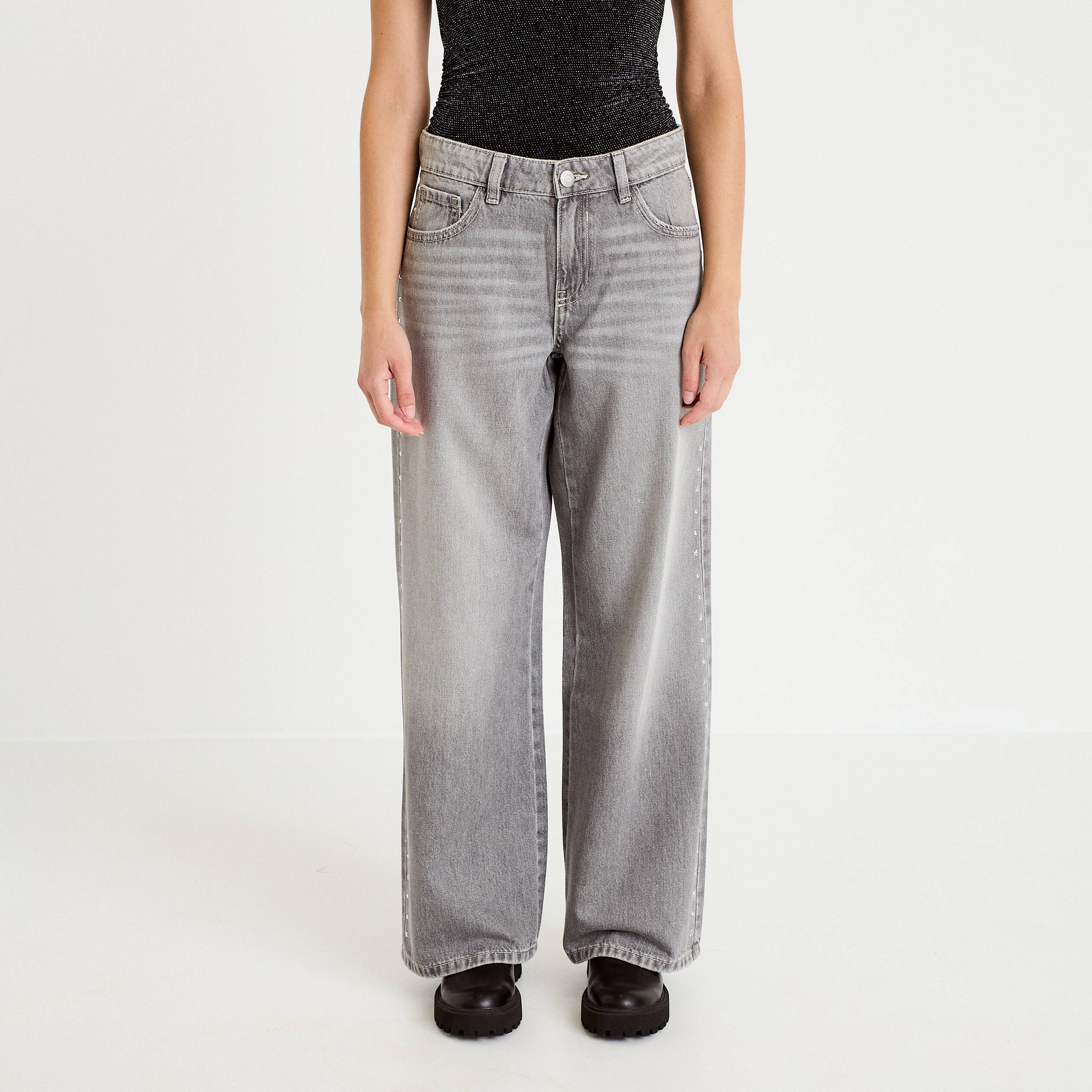 Jean wide leg taille basse denim gris clair femme