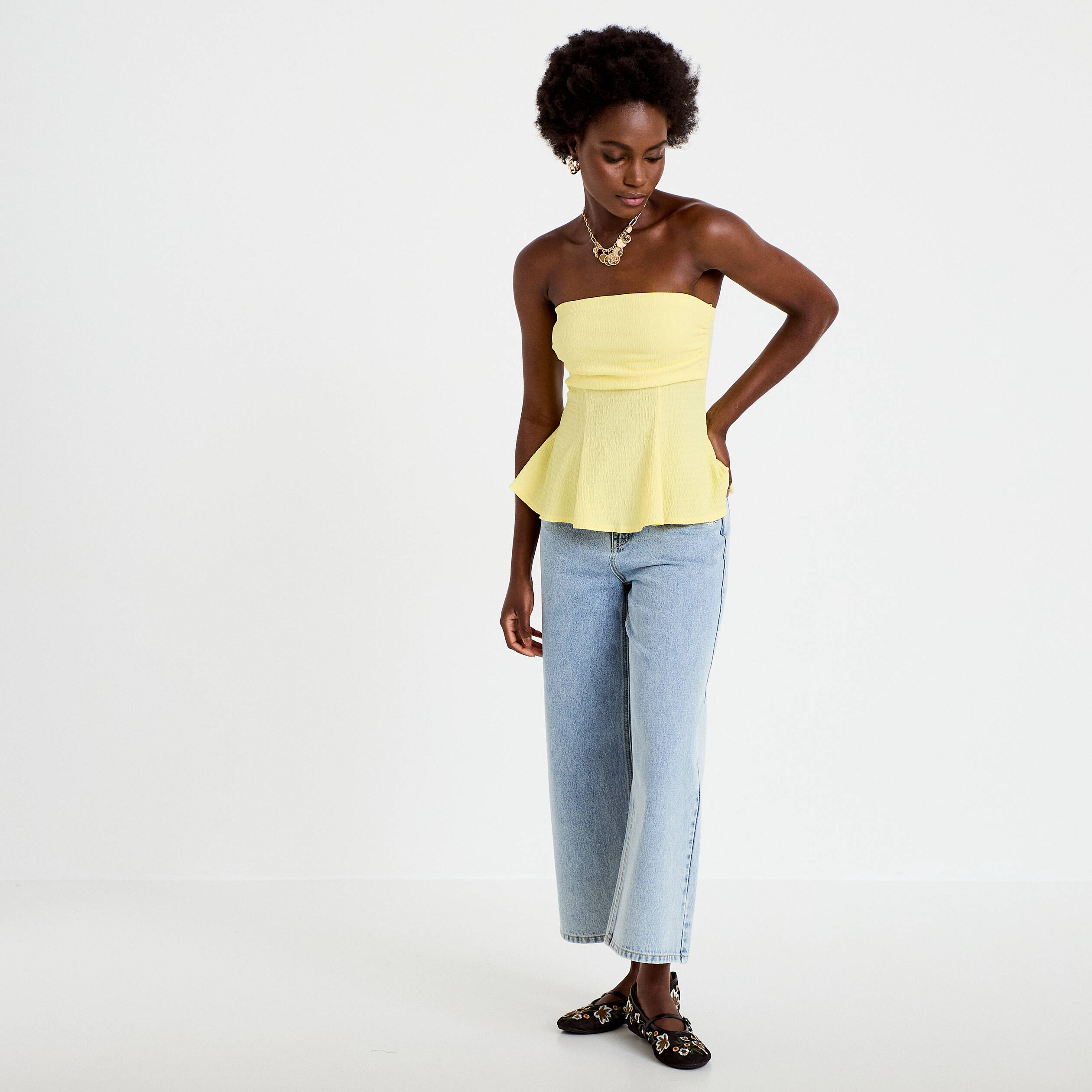 Bustier p&eacute;plum ajust&eacute; cropped pliss&eacute; jaune pastel femme