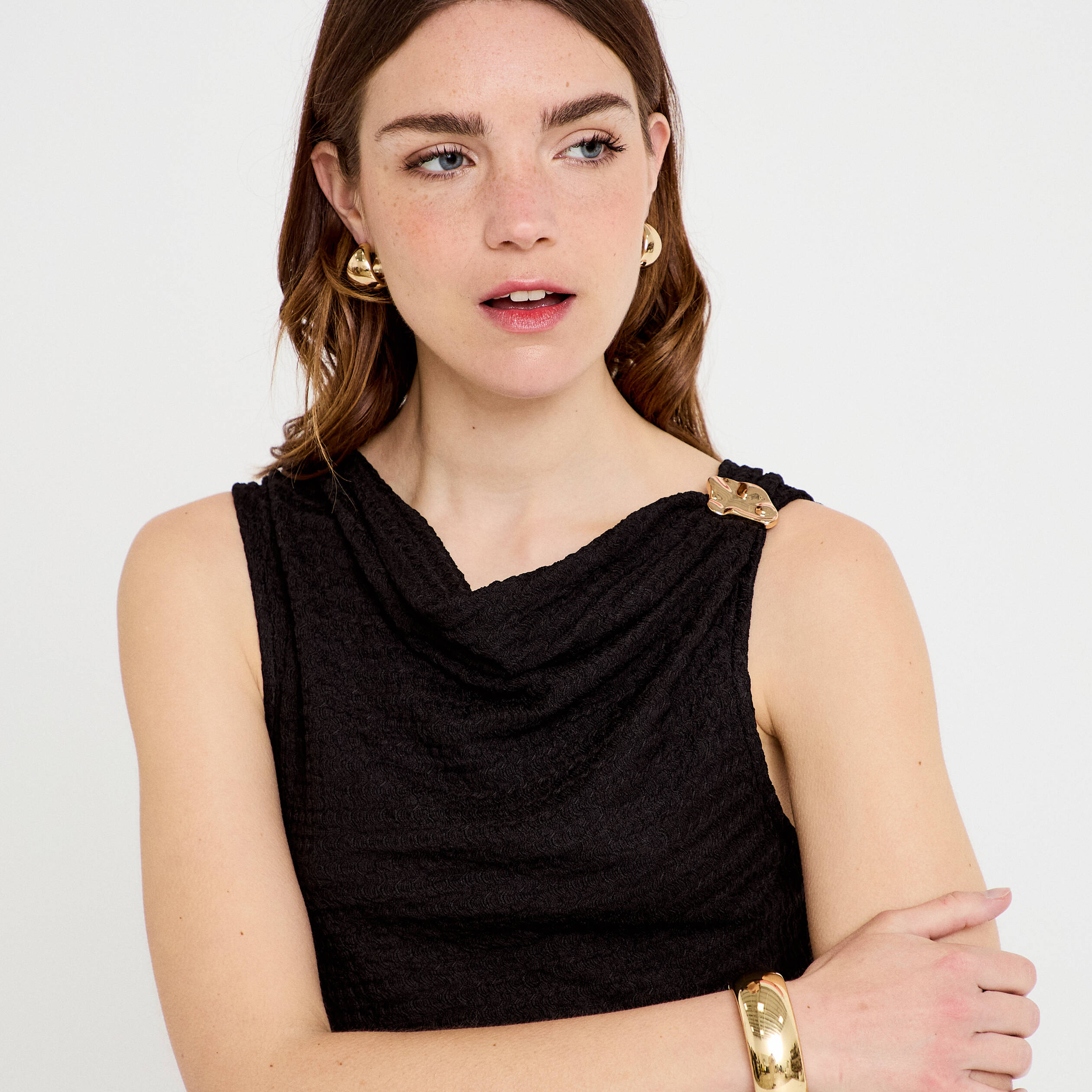 Robe midi droite sans manches en maille noir femme