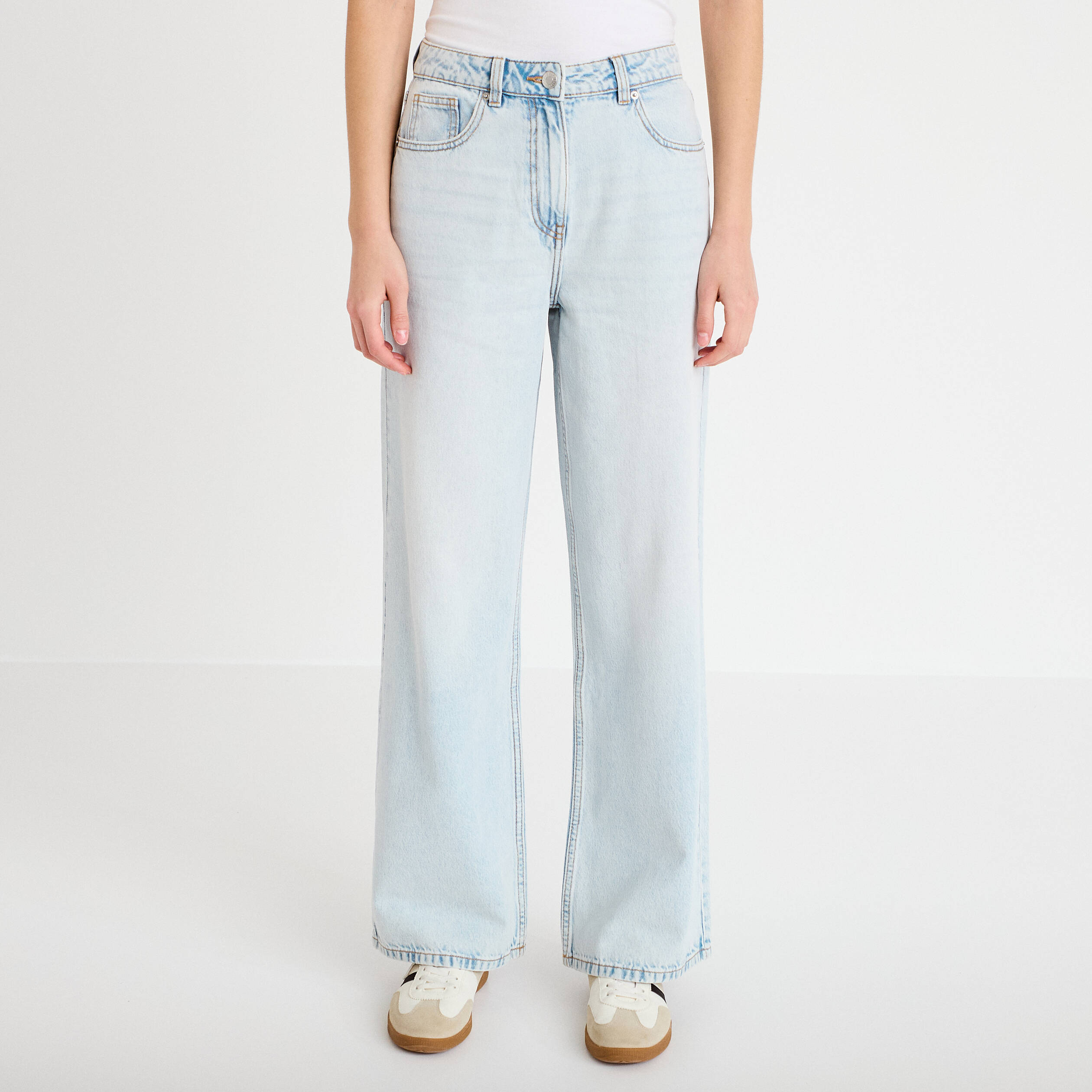 Jeans wide leg taille haute denim bleach femme