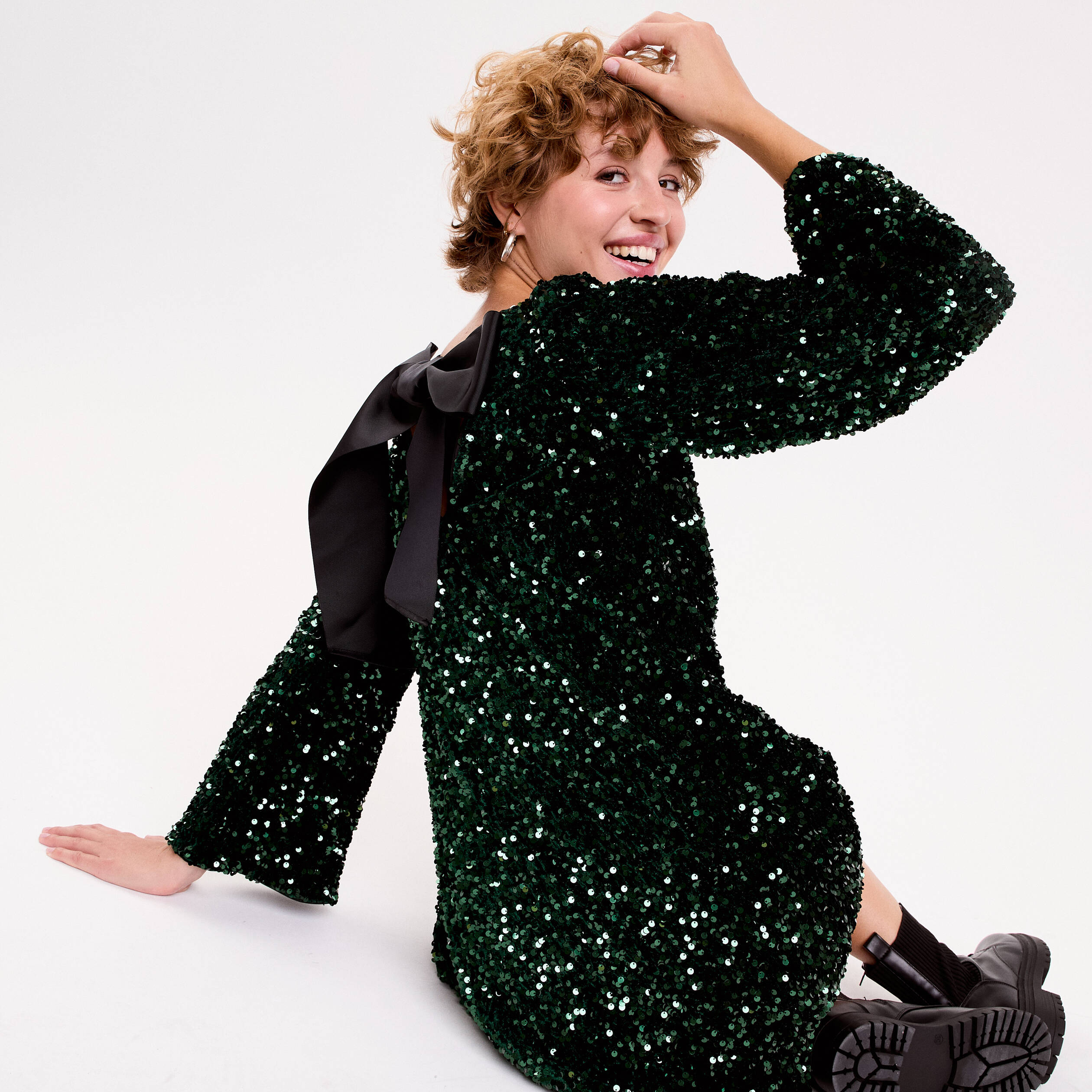 Robe &agrave; sequins dos nou&eacute; vert fonc&eacute; femme