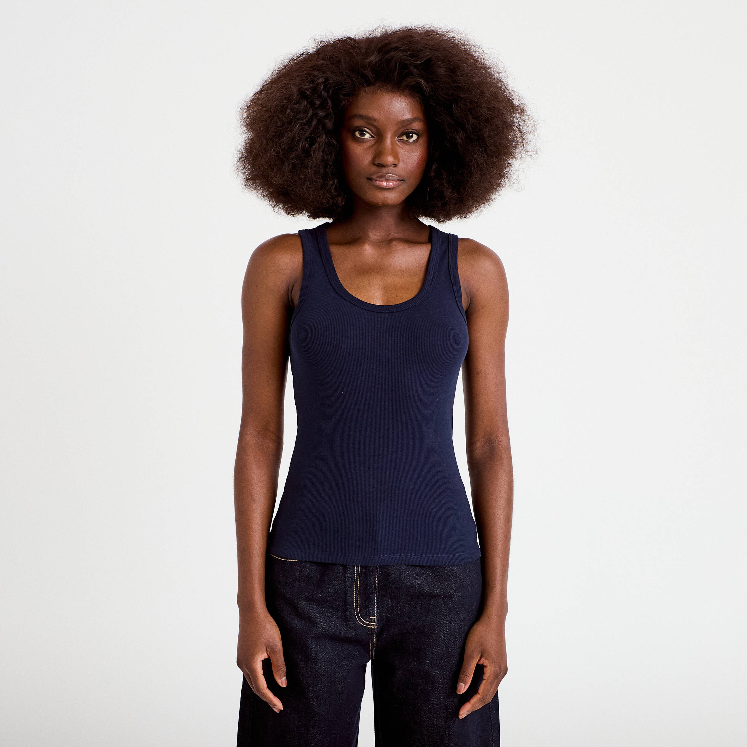 D&eacute;bardeur c&ocirc;tel&eacute; col rond bleu marine femme
