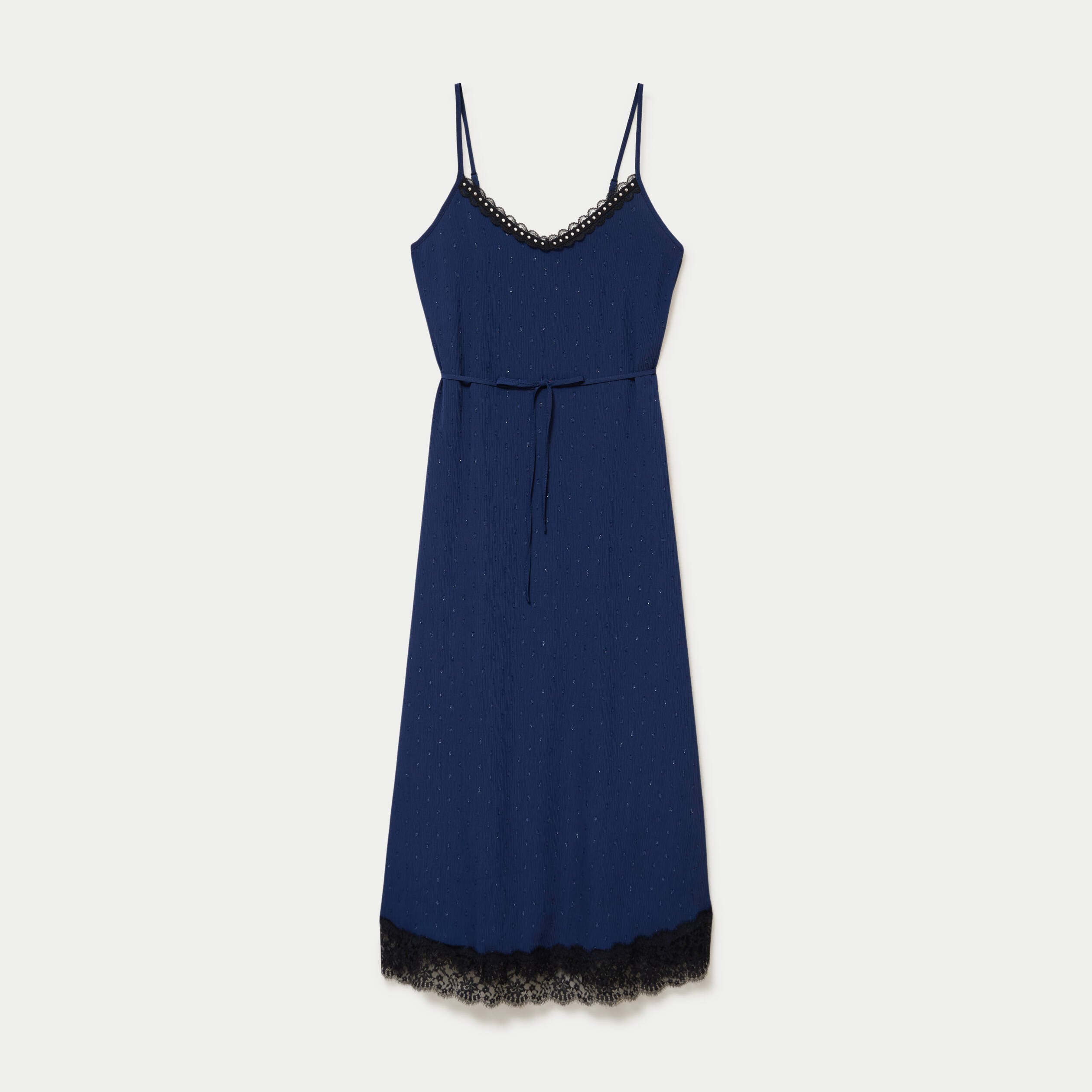 Robe longue &eacute;vas&eacute;e col v dentelle bleu marine femme