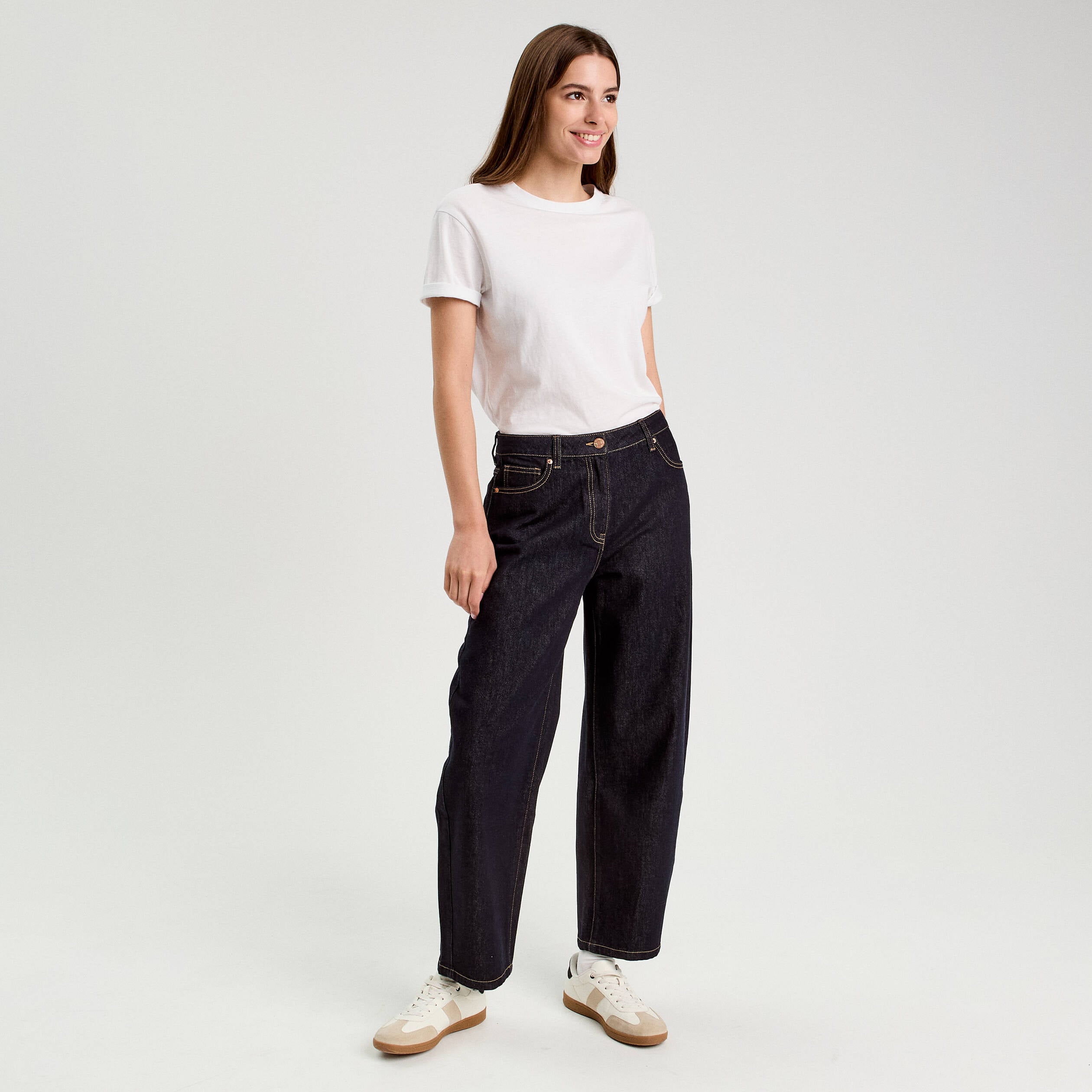Jean barrel cropped taille standard denim brut femme