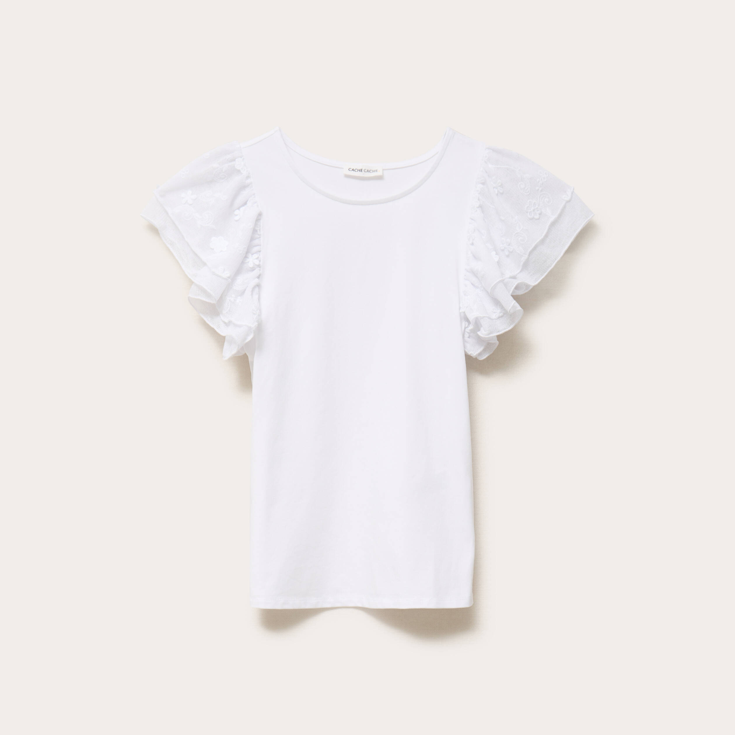 T-shirt ajust&eacute; dentelle col rond blanc femme