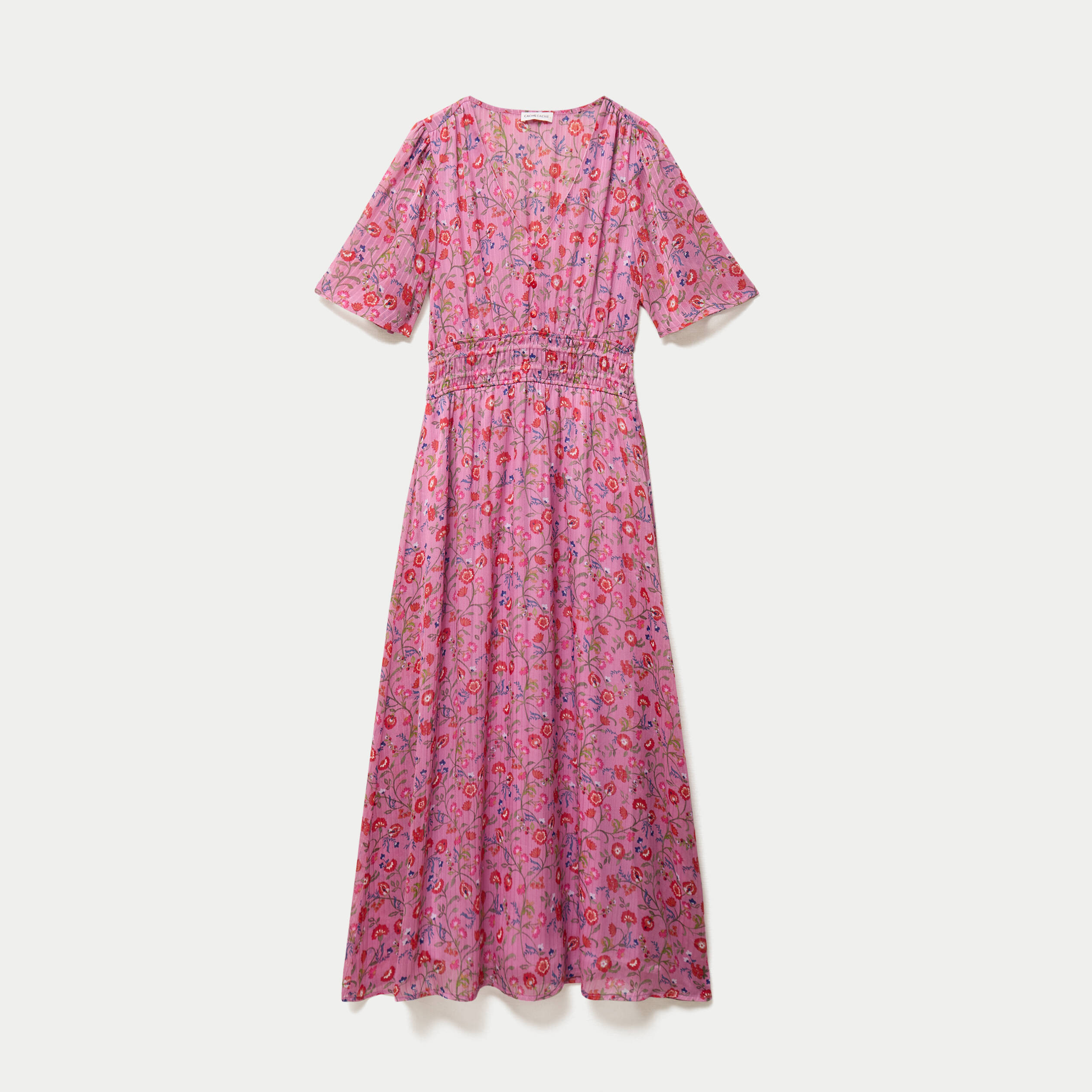 Robe longue &eacute;vas&eacute;e voile manches courtes rose femme