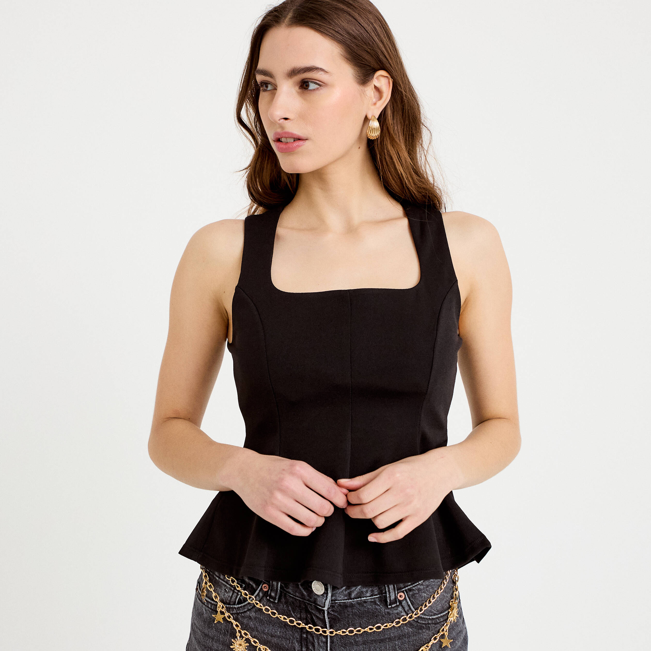 Top cintr&eacute; col carr&eacute; sans manches noir femme