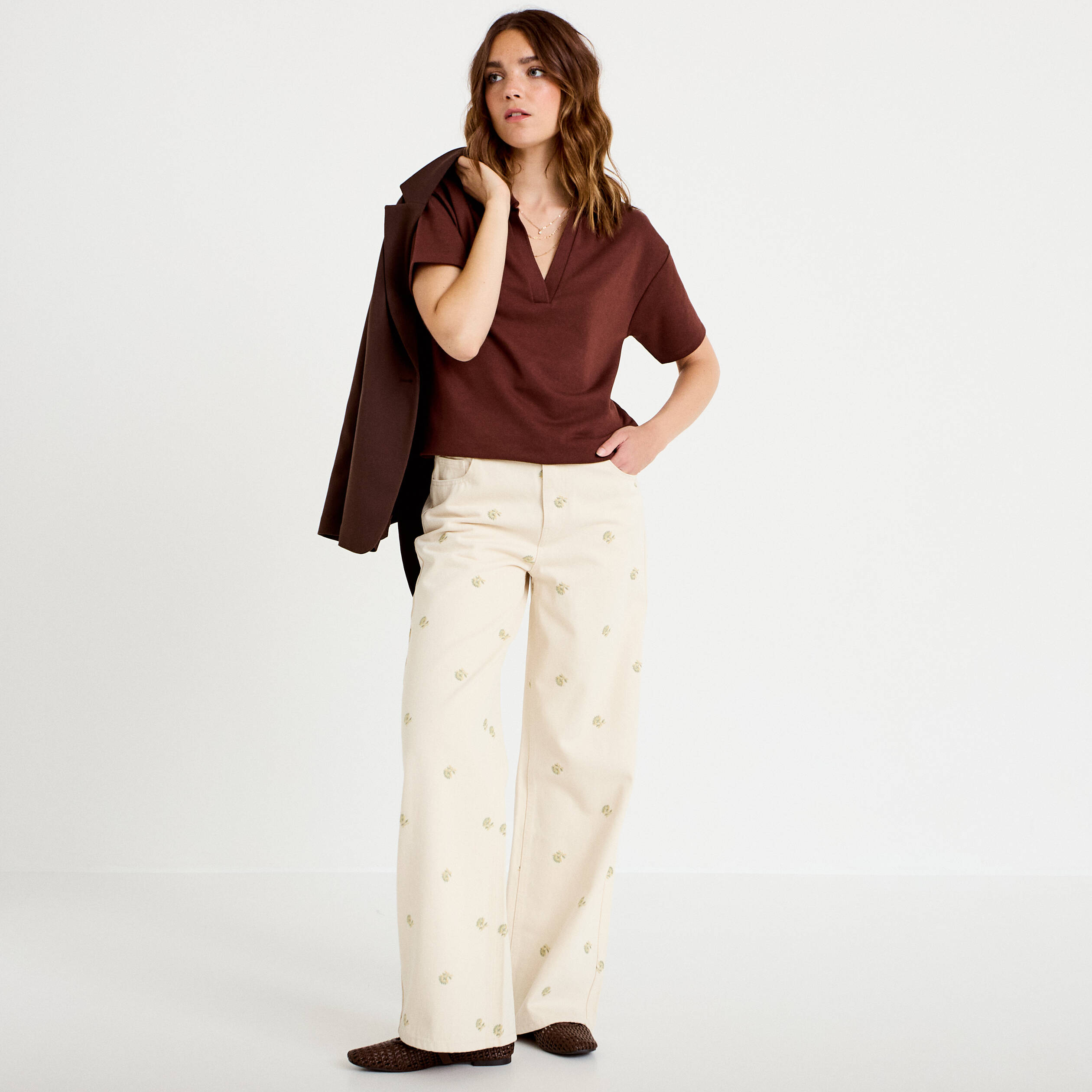 Jean wide leg broderie taille haute denim blanc femme