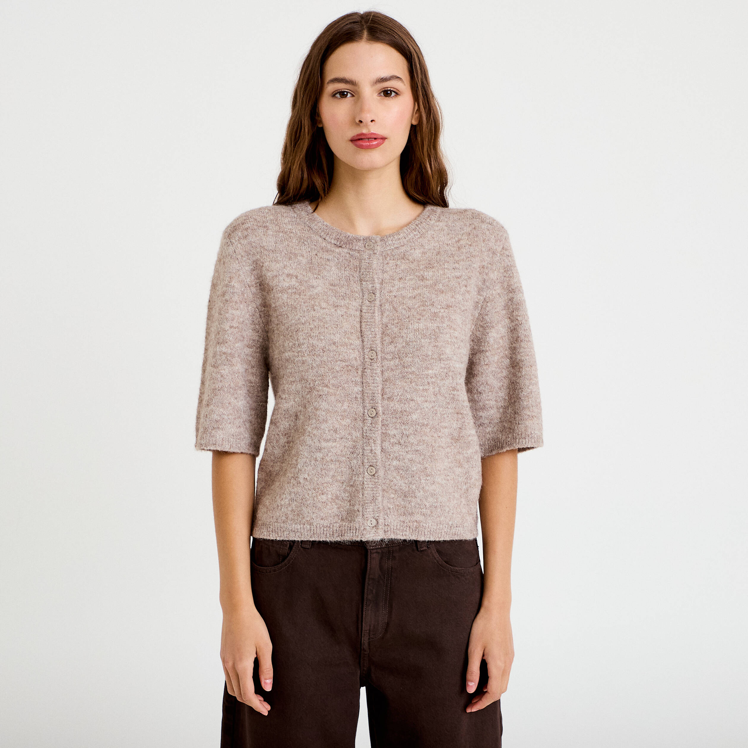 Gilet duveteux manches 3/4 taupe femme