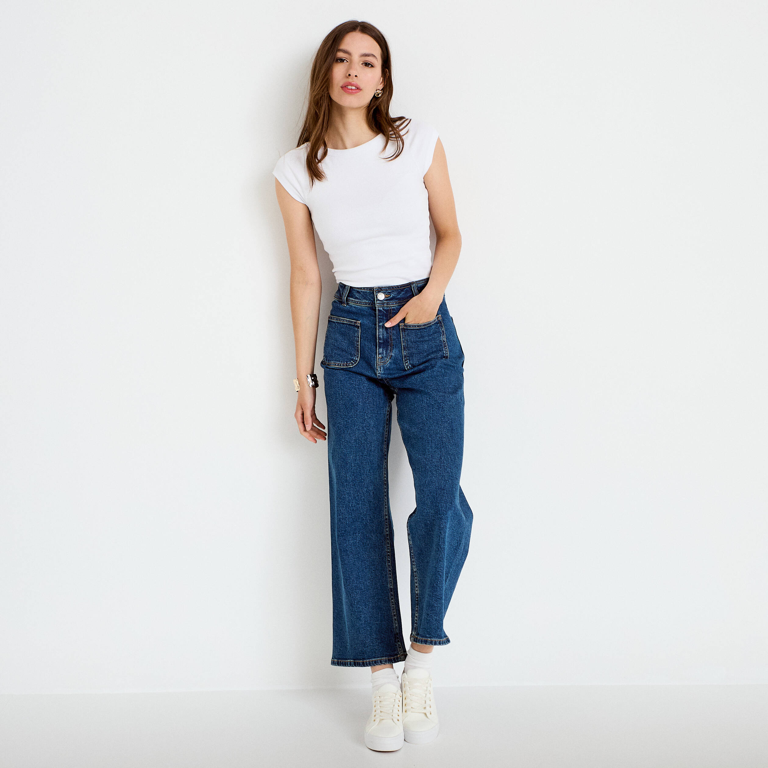 Jean wide leg cropped taille haute denim stone femme