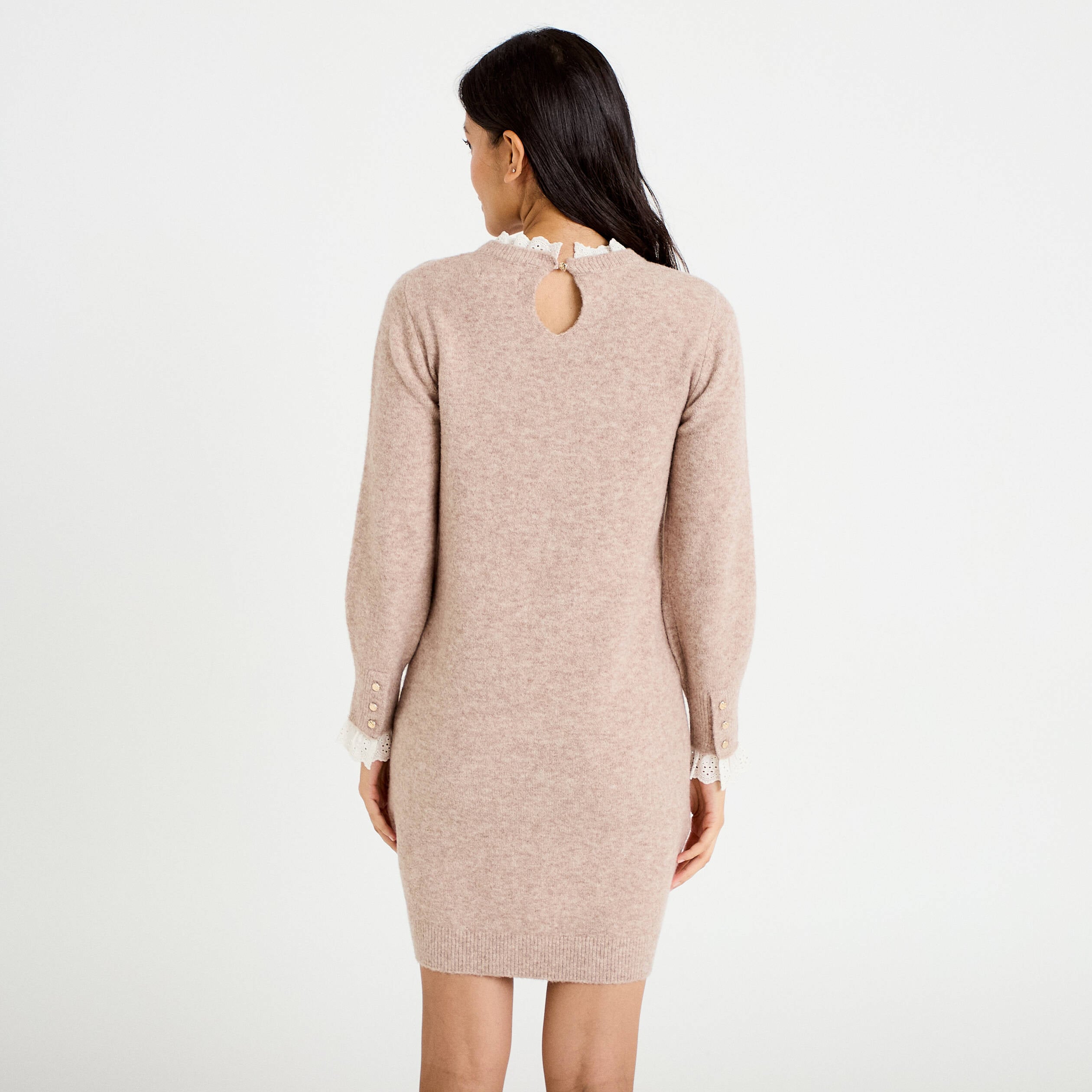 Robe pull ajust&eacute;e col rond dentelle taupe femme