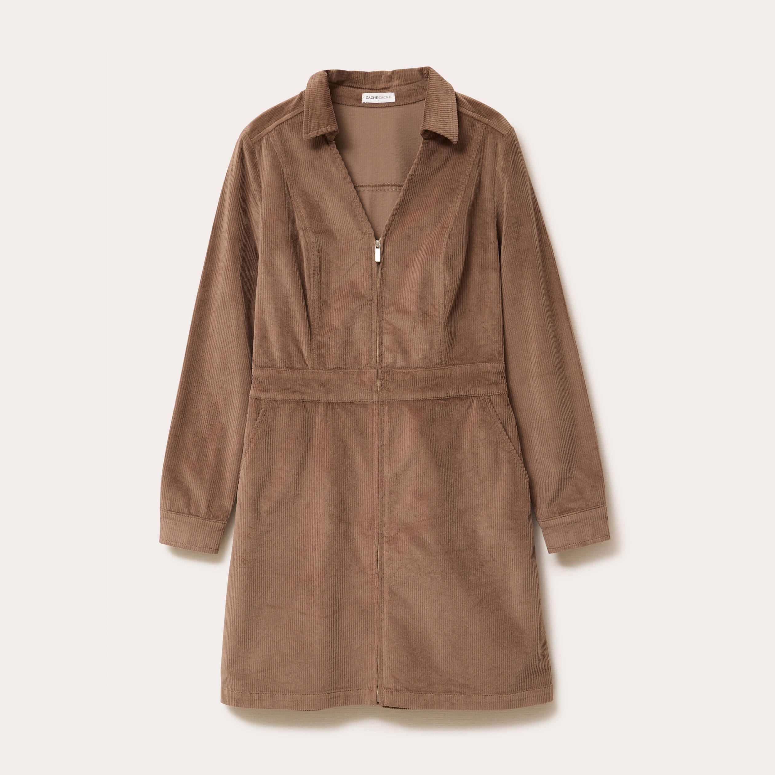 Robe zipp&eacute;e en velours taupe femme