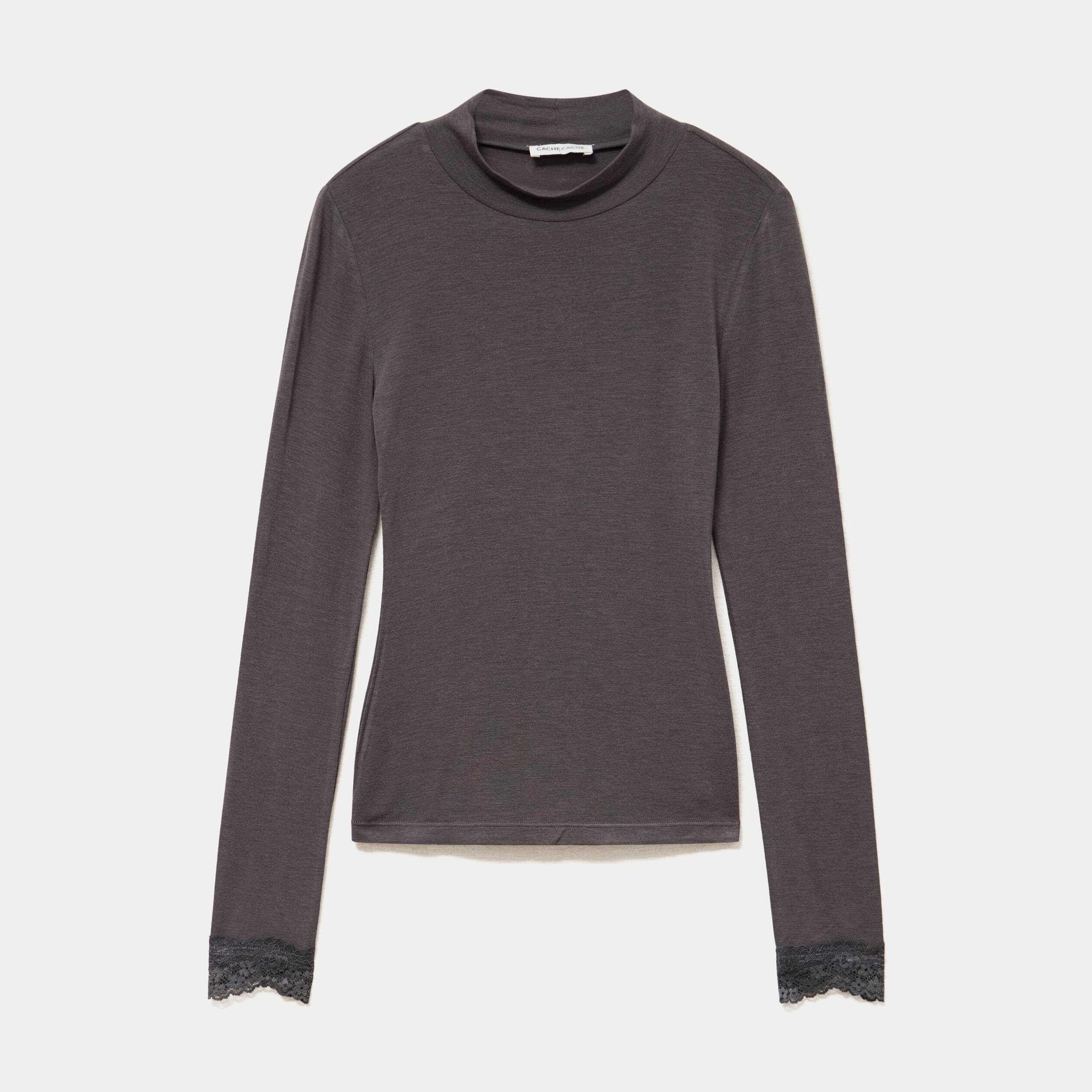 T-shirt ajust&eacute; col roul&eacute; dentelle gris fonc&eacute; femme