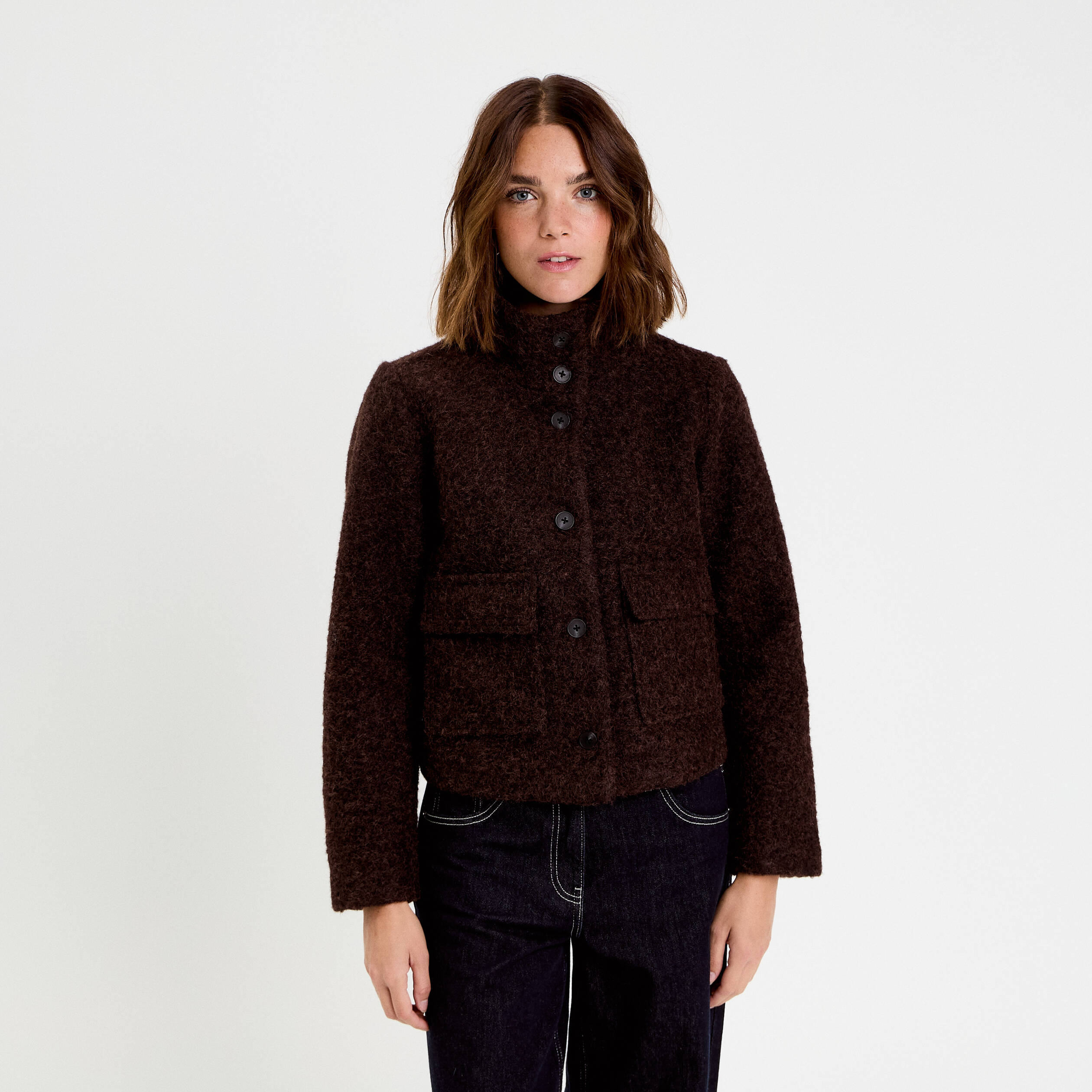 Veste col montant manches longues marron fonc&eacute; femme
