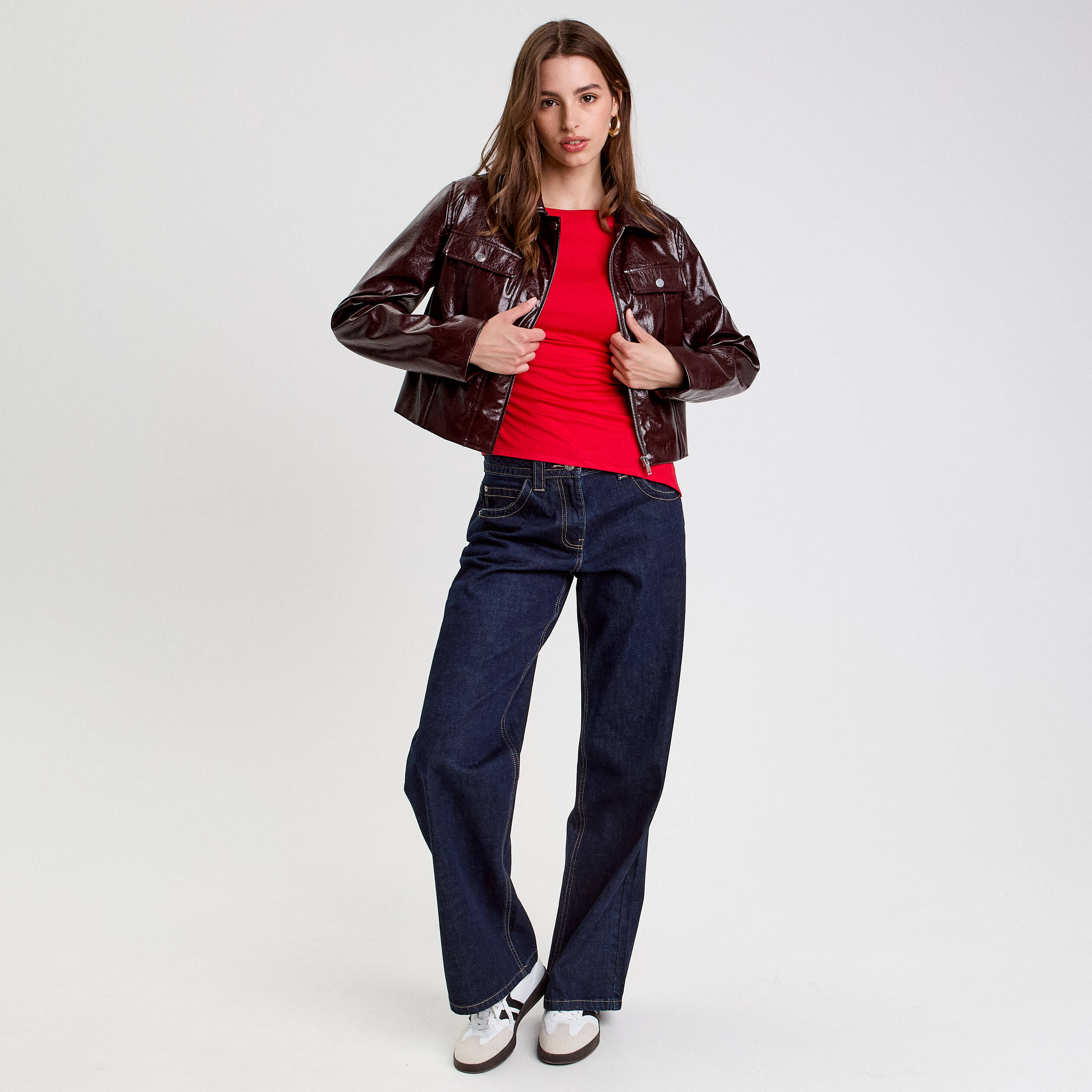 Top cintr&eacute; manches longues rouge femme