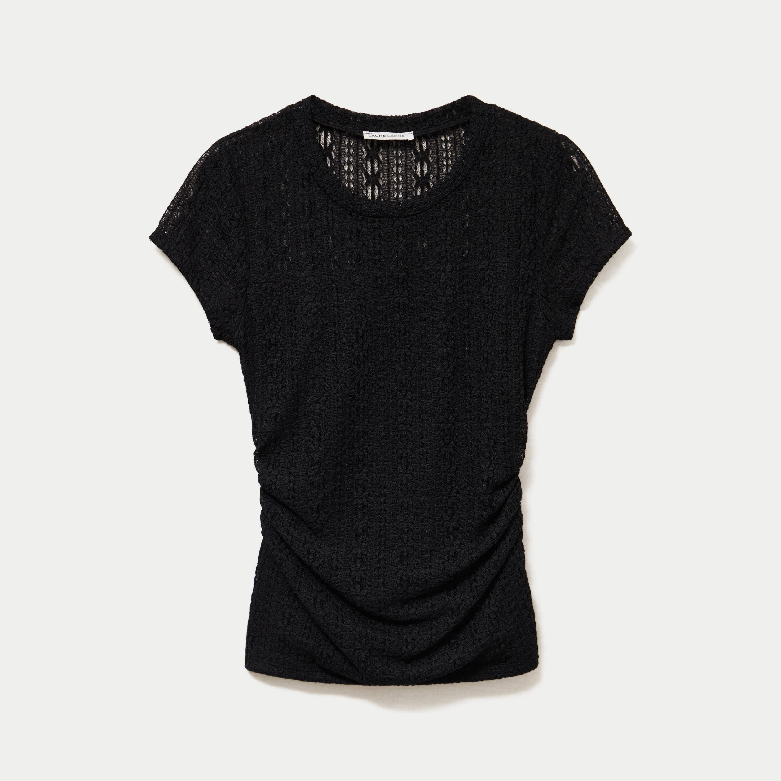 Top en dentelle col rond manches courtes noir femme