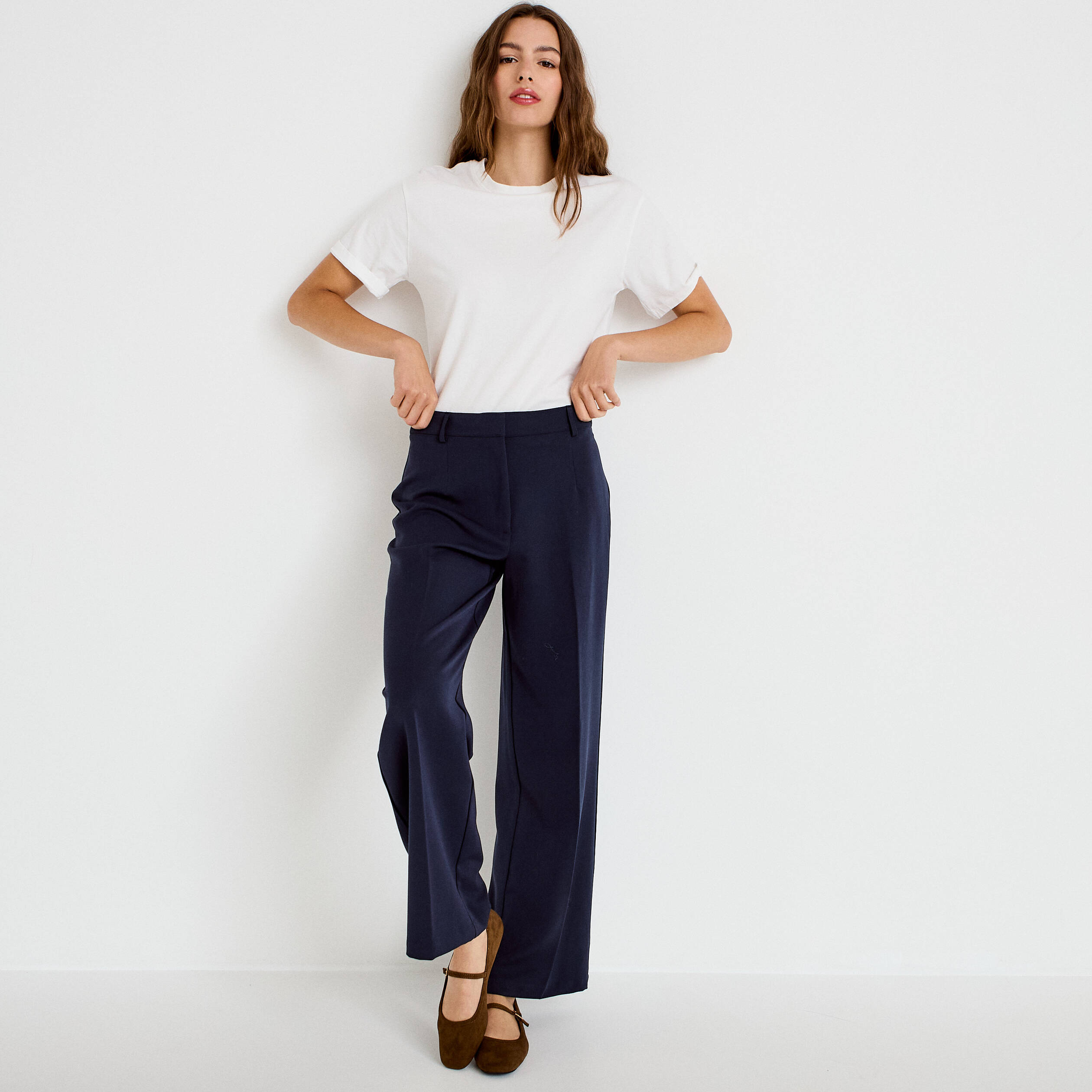 Pantalon large ventre plat bleu marine femme
