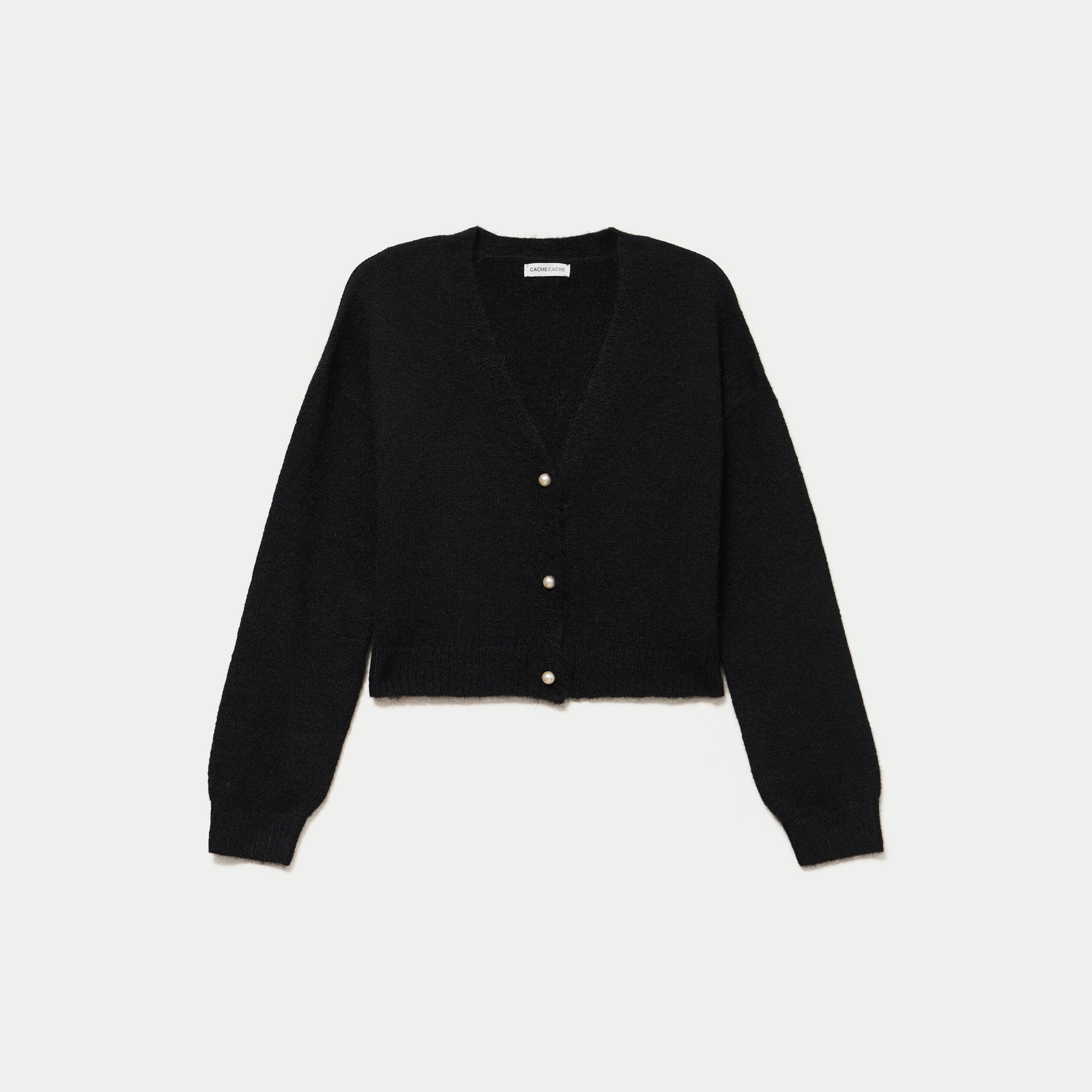 Gilet court ajust&eacute; col v manches longues noir femme