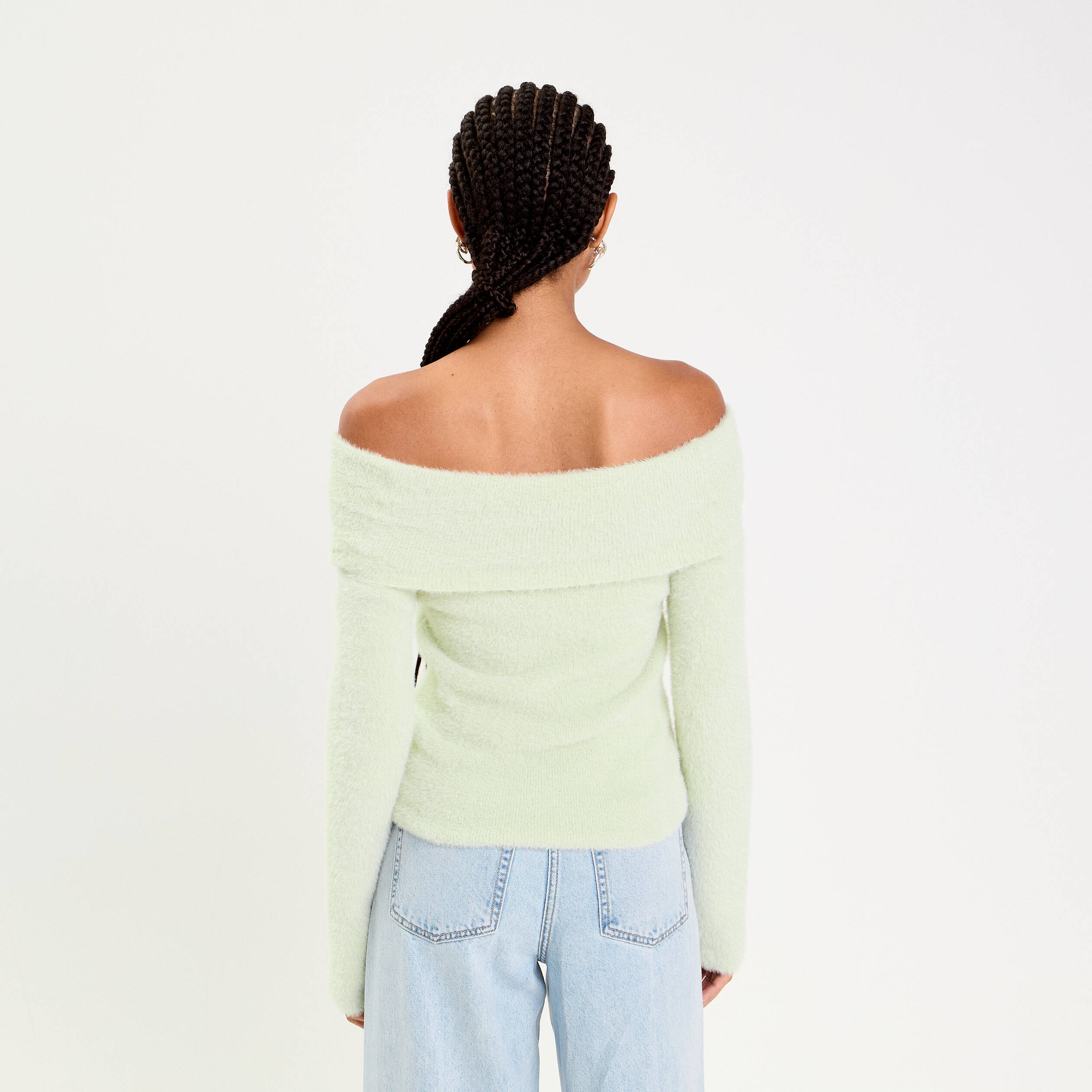 Pull ajust&eacute; col bardot manches longues vert pastel femme